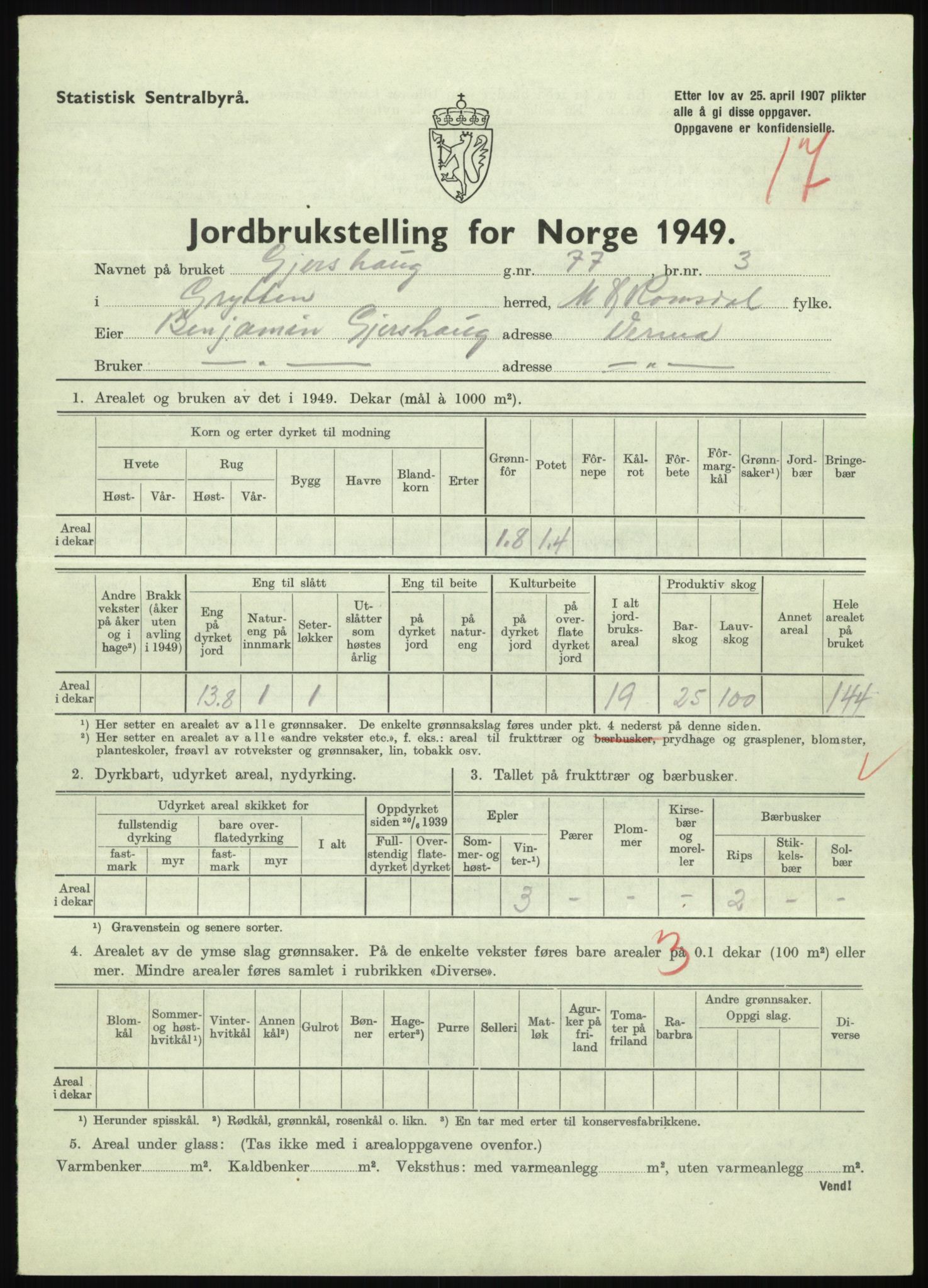 Statistisk sentralbyrå, Næringsøkonomiske emner, Jordbruk, skogbruk, jakt, fiske og fangst, AV/RA-S-2234/G/Gc/L0323: Møre og Romsdal: Grytten og Hen, 1949, p. 53