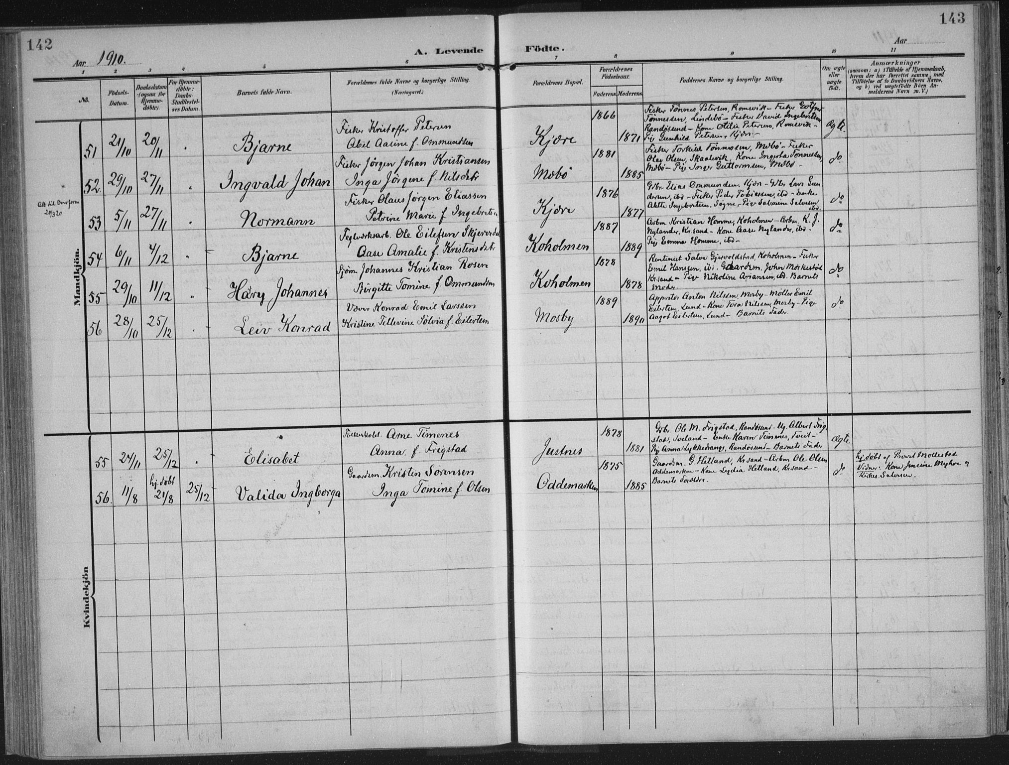 Oddernes sokneprestkontor, AV/SAK-1111-0033/F/Fa/Faa/L0011: Parish register (official) no. A 11, 1904-1911, p. 142-143