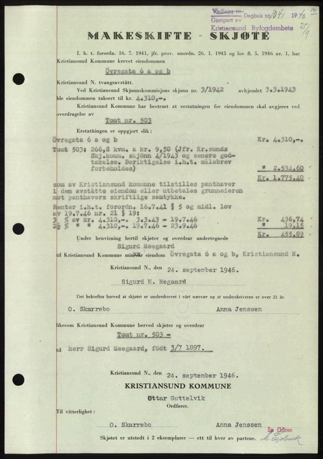 Kristiansund byfogd, AV/SAT-A-4587/A/27: Mortgage book no. 39b, 1946-1947, Diary no: : 1041/1946