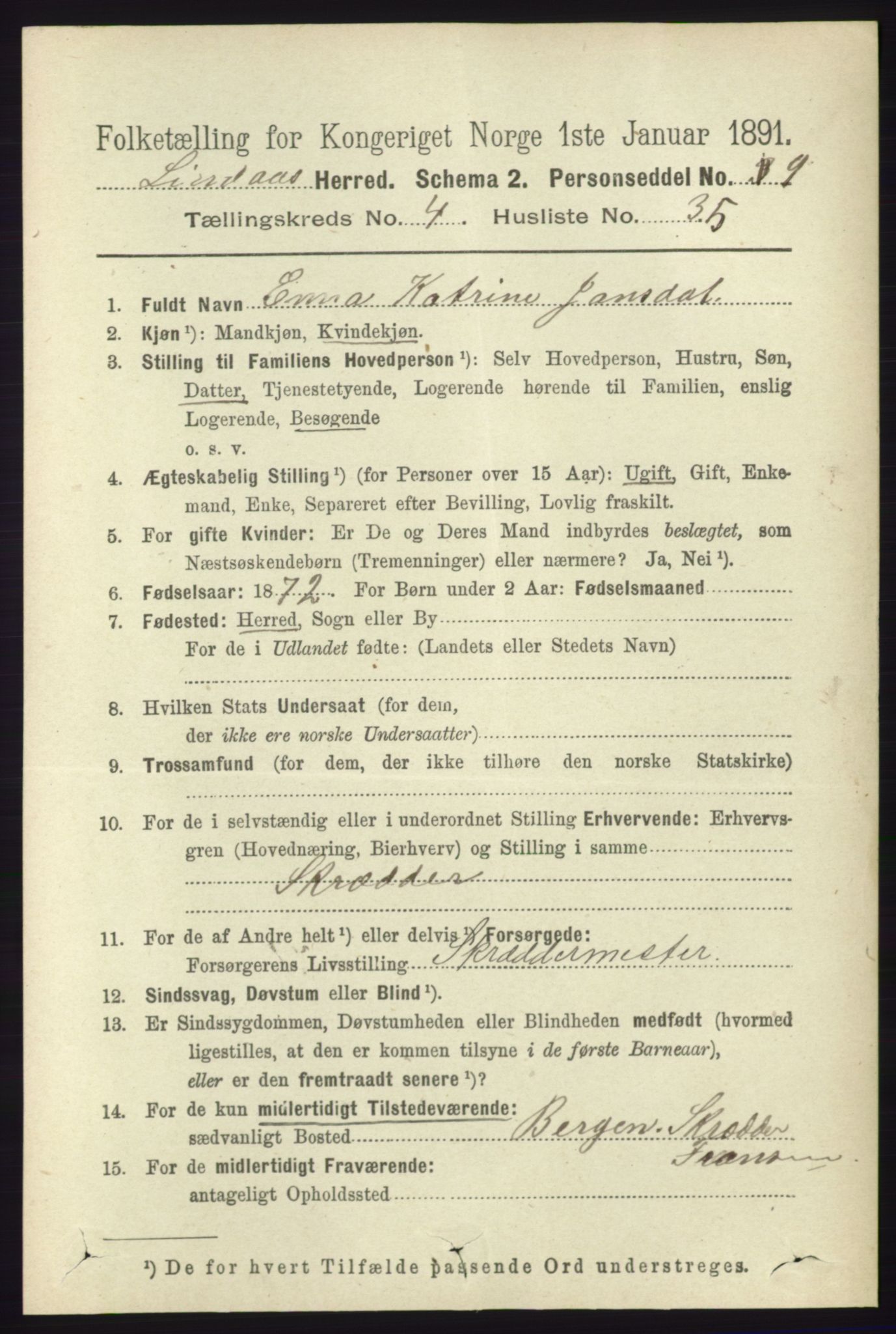 RA, 1891 census for 1263 Lindås, 1891, p. 1391