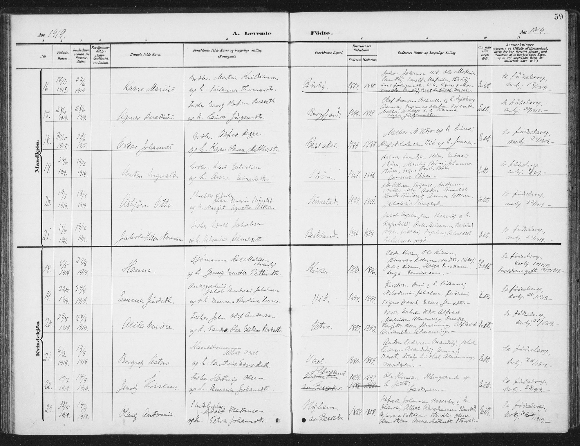 Ministerialprotokoller, klokkerbøker og fødselsregistre - Sør-Trøndelag, AV/SAT-A-1456/657/L0709: Parish register (official) no. 657A10, 1905-1919, p. 59