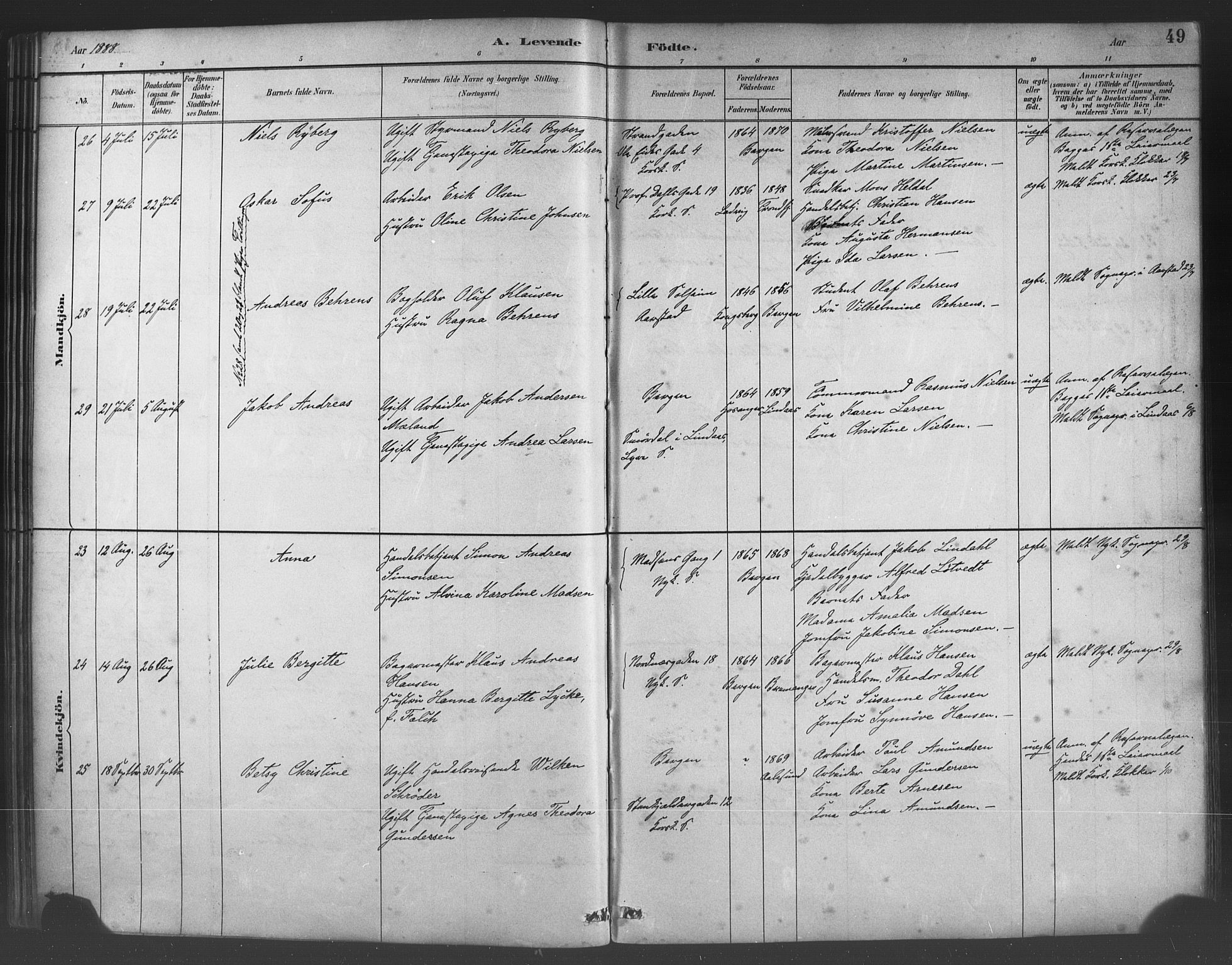 Fødselsstiftelsens sokneprestembete*, SAB/-: Parish register (official) no. A 2, 1884-1900, p. 49
