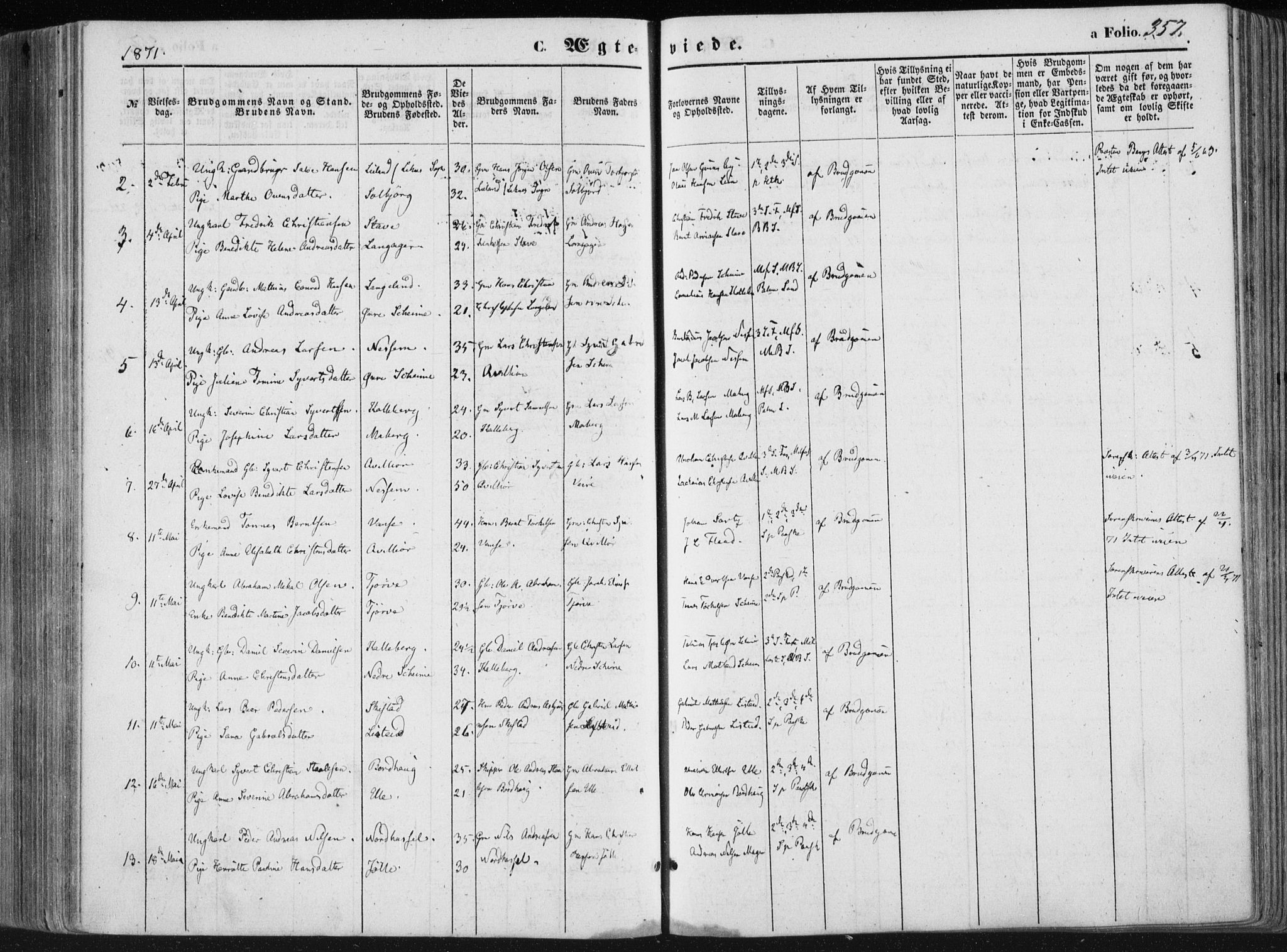 Lista sokneprestkontor, SAK/1111-0027/F/Fa/L0011: Parish register (official) no. A 11, 1861-1878, p. 357