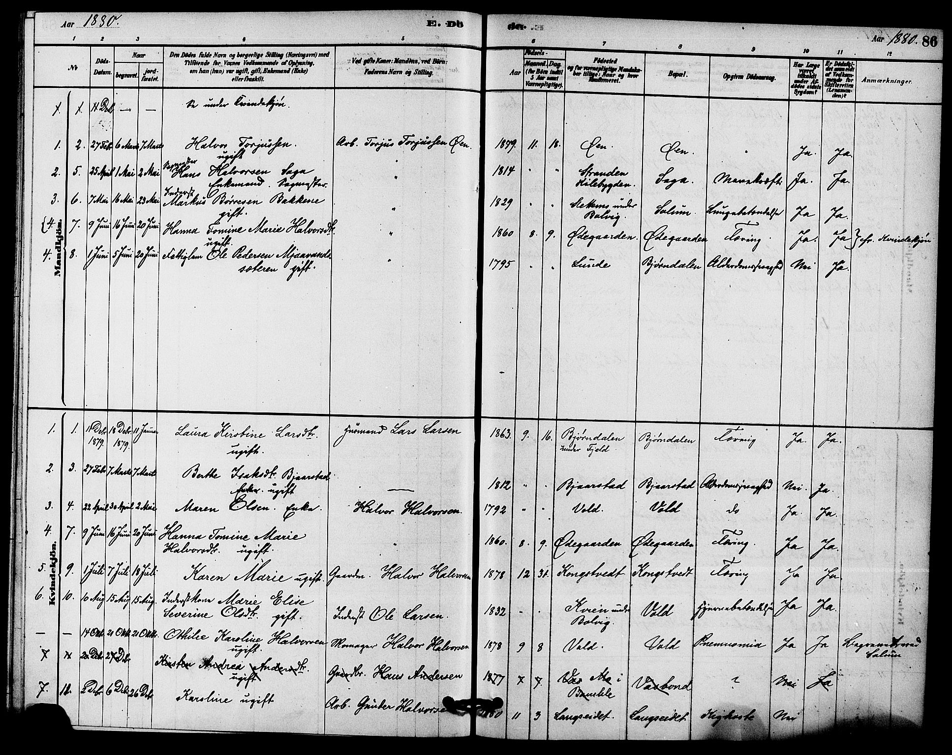 Solum kirkebøker, SAKO/A-306/F/Fc/L0001: Parish register (official) no. III 1, 1877-1891, p. 86