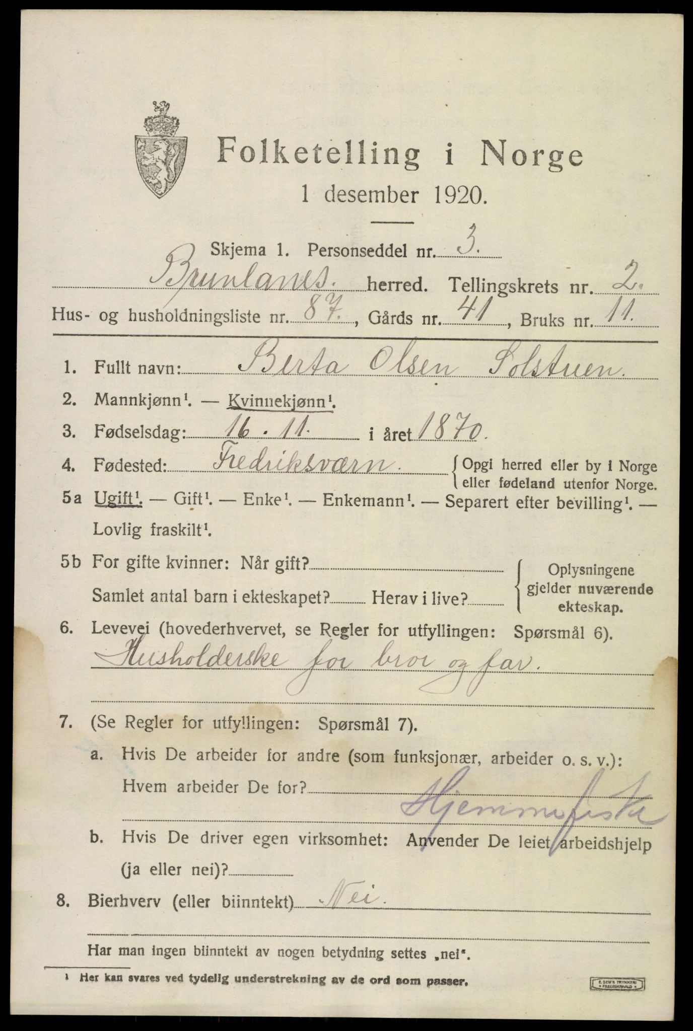 SAKO, 1920 census for Brunlanes, 1920, p. 4477