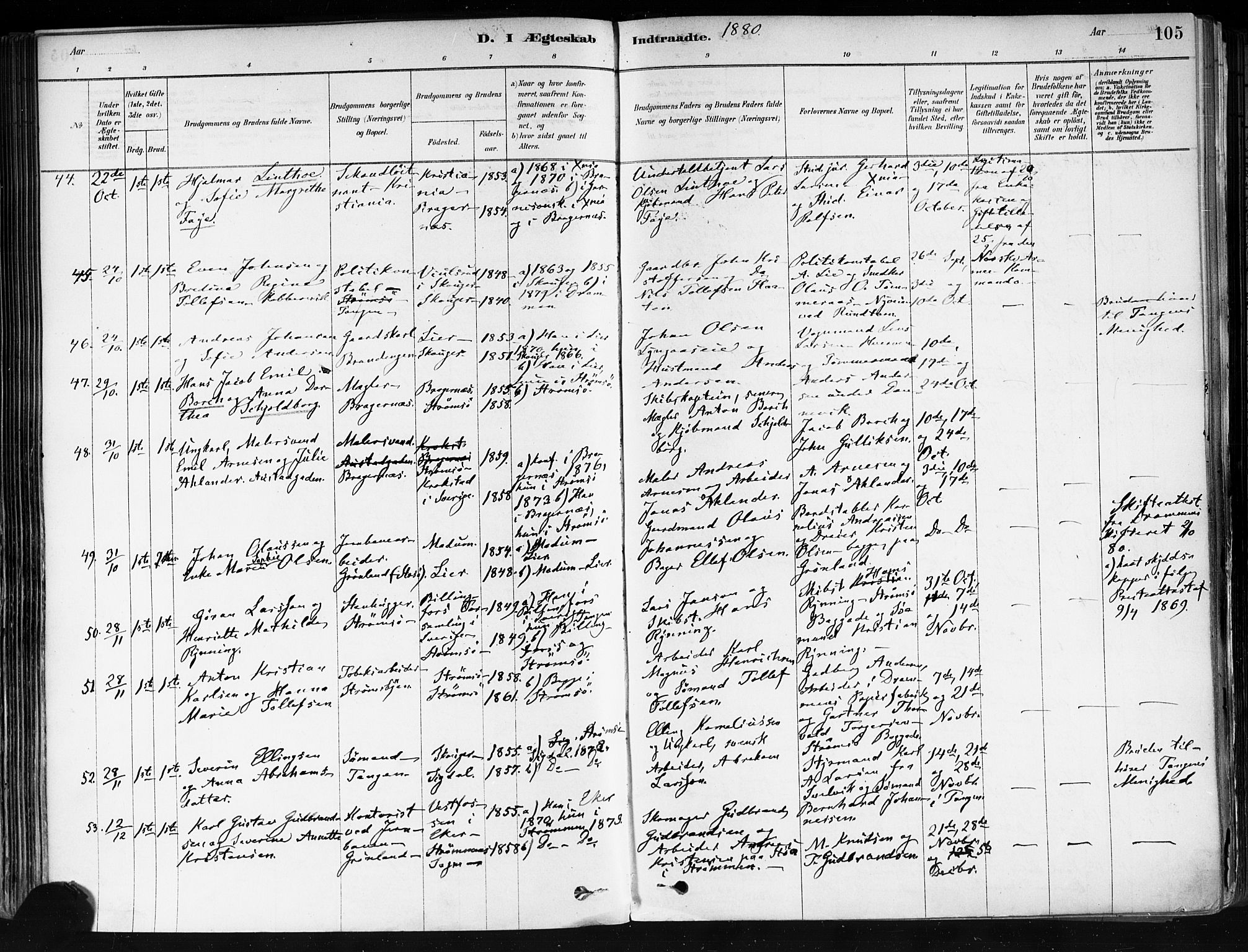 Strømsø kirkebøker, AV/SAKO-A-246/F/Fa/L0022: Parish register (official) no. I 22, 1879-1899, p. 105