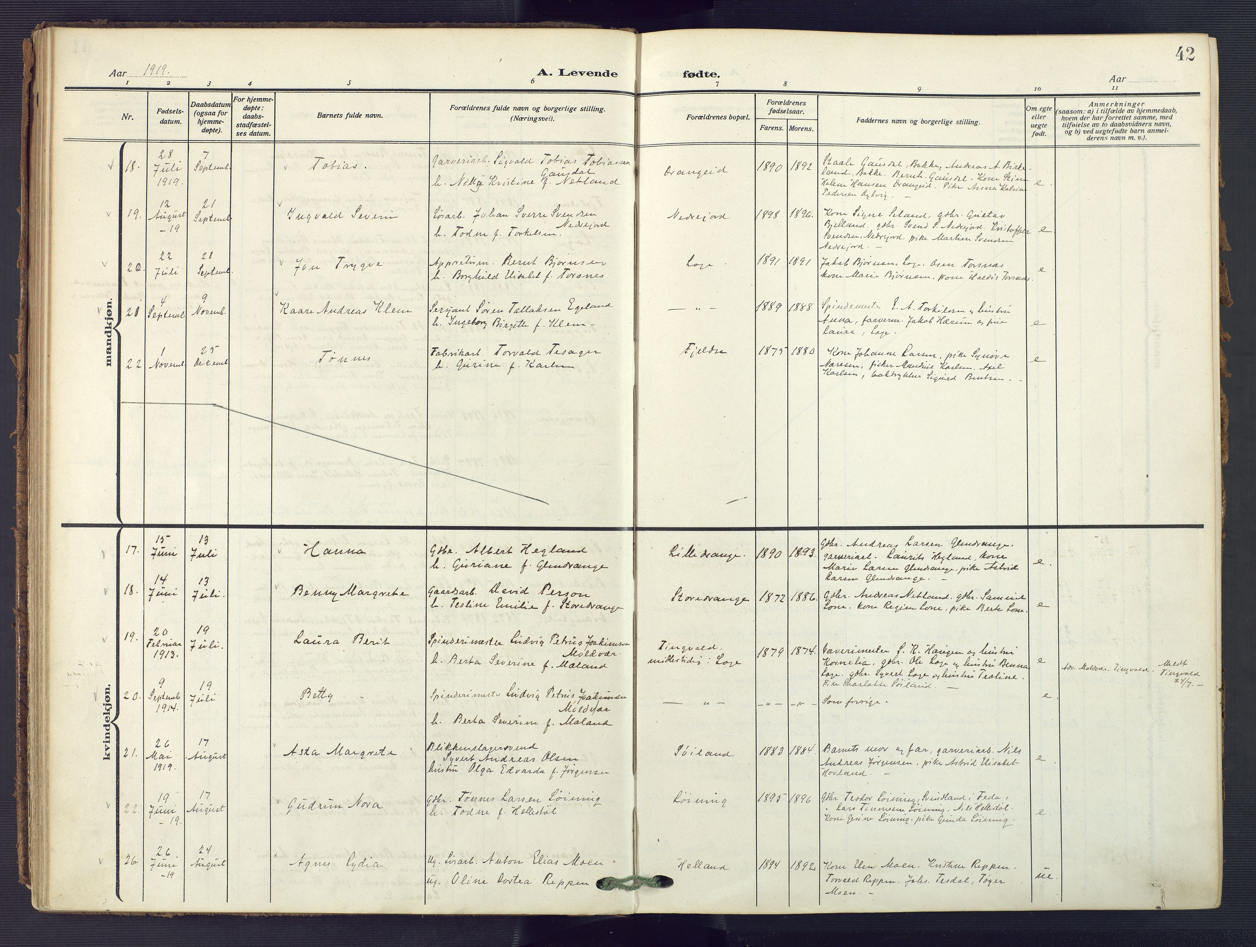 Flekkefjord sokneprestkontor, AV/SAK-1111-0012/F/Fa/Fac/L0010: Parish register (official) no. A 10, 1910-1927, p. 42