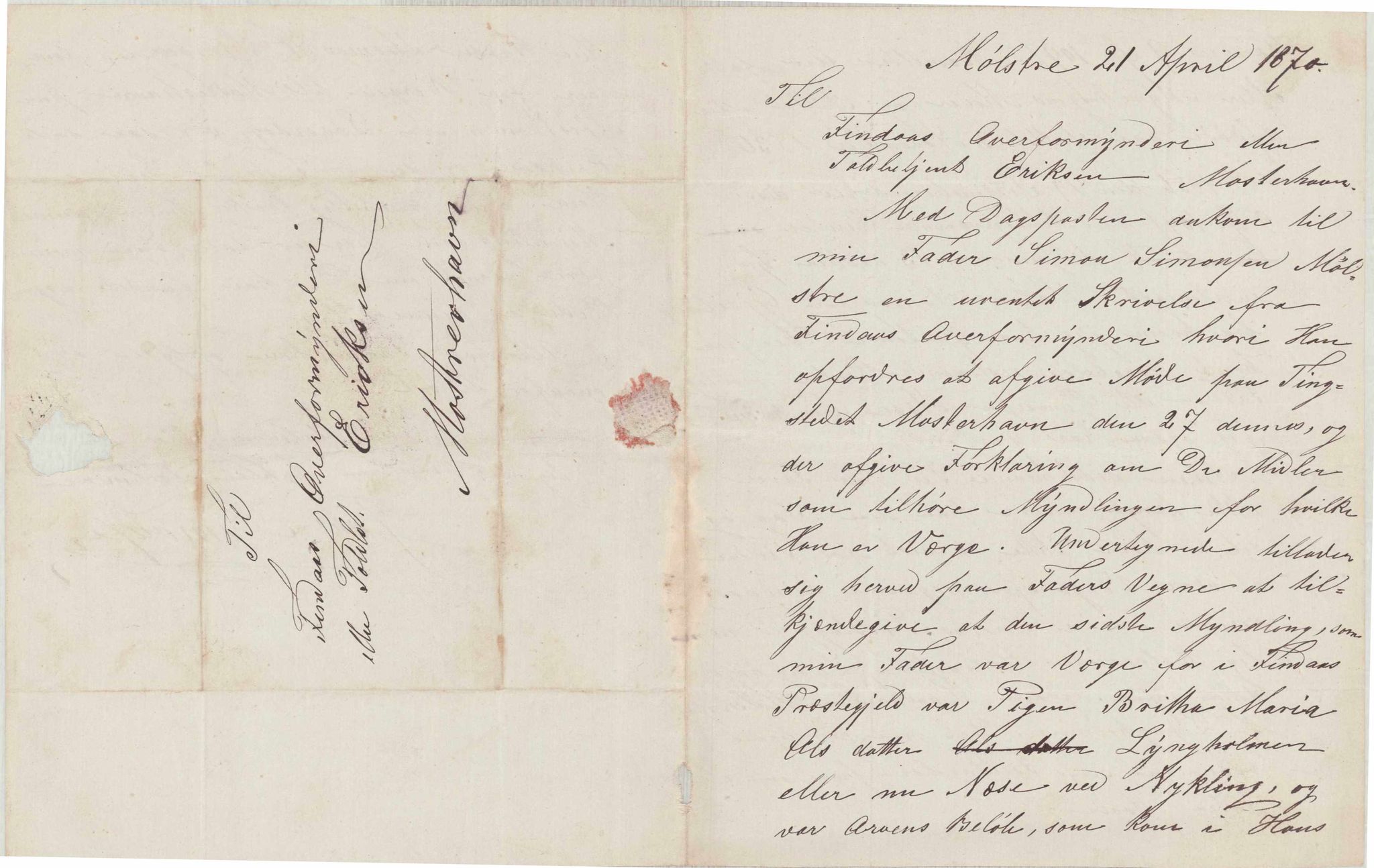 Finnaas kommune. Overformynderiet, IKAH/1218a-812/D/Da/Daa/L0001/0001: Kronologisk ordna korrespondanse / Kronologisk ordna korrespondanse, 1860-1874, p. 32