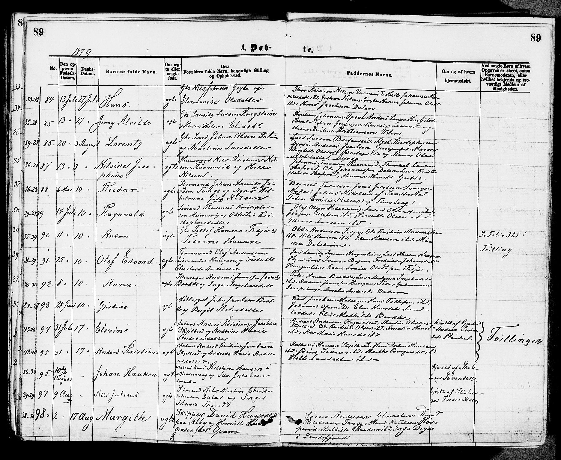 Stokke kirkebøker, SAKO/A-320/F/Fa/L0009: Parish register (official) no. I 9, 1872-1883, p. 89