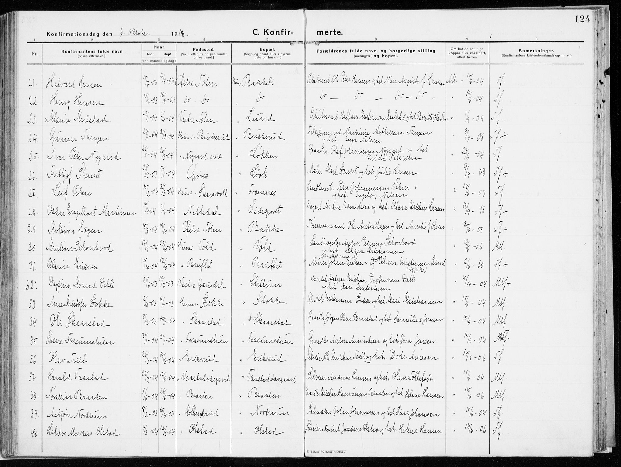 Vardal prestekontor, SAH/PREST-100/H/Ha/Haa/L0017: Parish register (official) no. 17, 1915-1929, p. 124