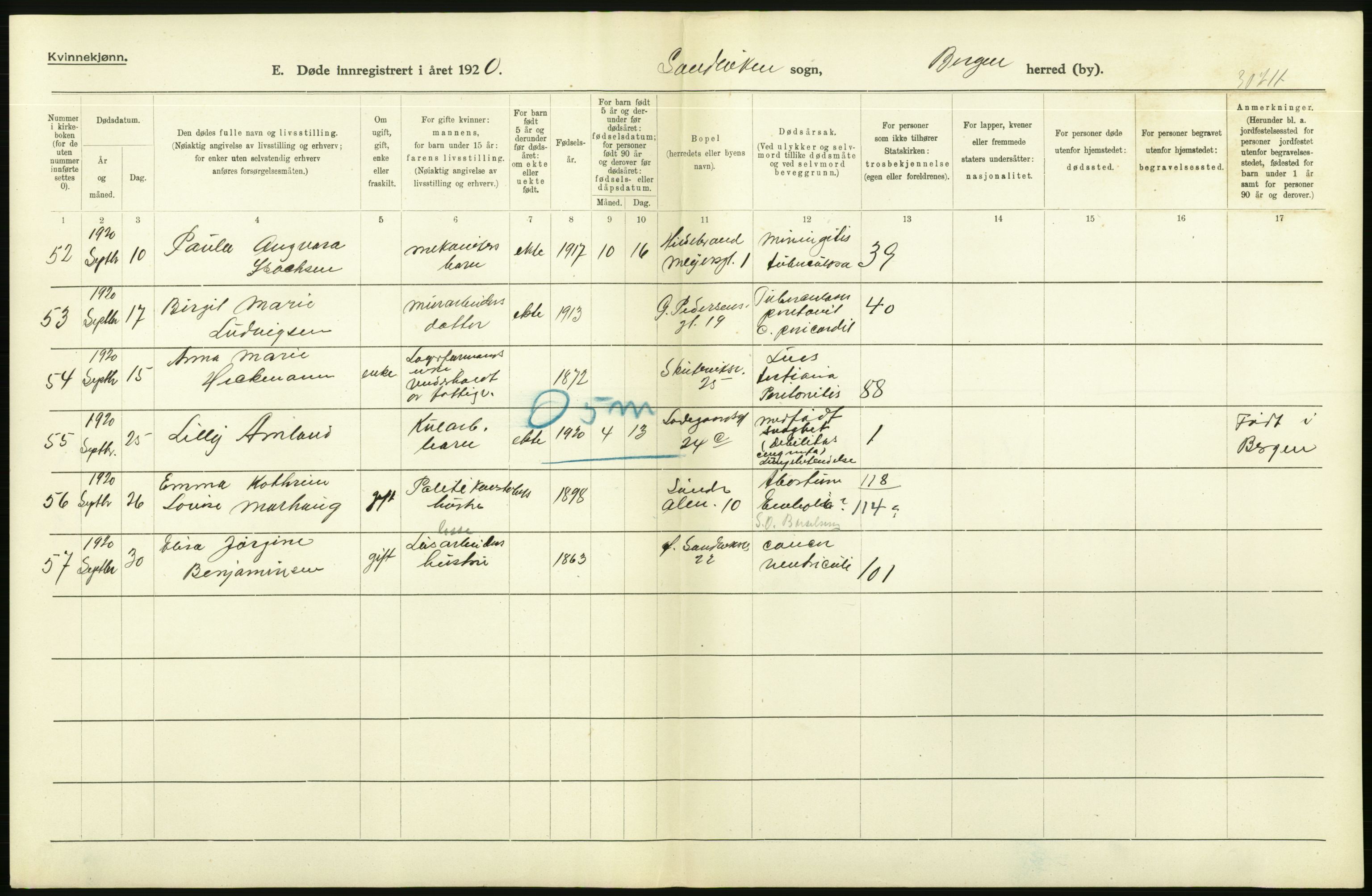 Statistisk sentralbyrå, Sosiodemografiske emner, Befolkning, AV/RA-S-2228/D/Df/Dfb/Dfbj/L0042: Bergen: Gifte, døde, dødfødte., 1920, p. 484