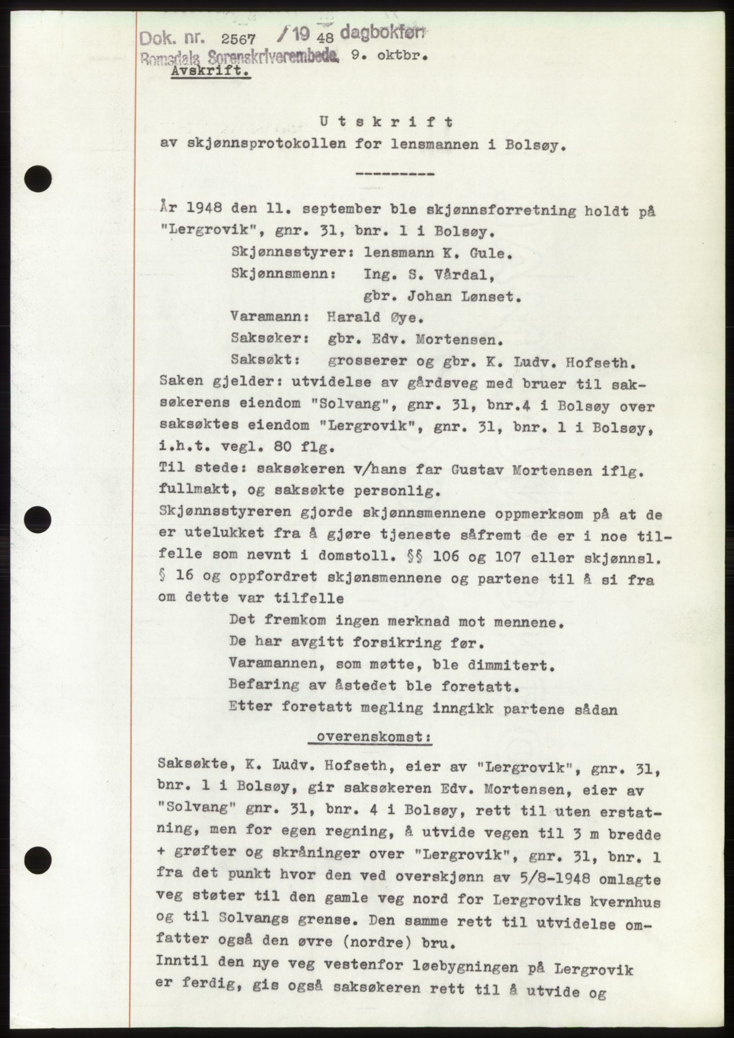 Romsdal sorenskriveri, AV/SAT-A-4149/1/2/2C: Mortgage book no. B4, 1948-1949, Diary no: : 2567/1948