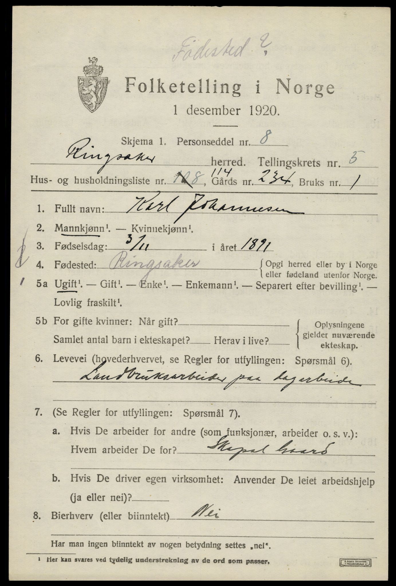 SAH, 1920 census for Ringsaker, 1920, p. 11188