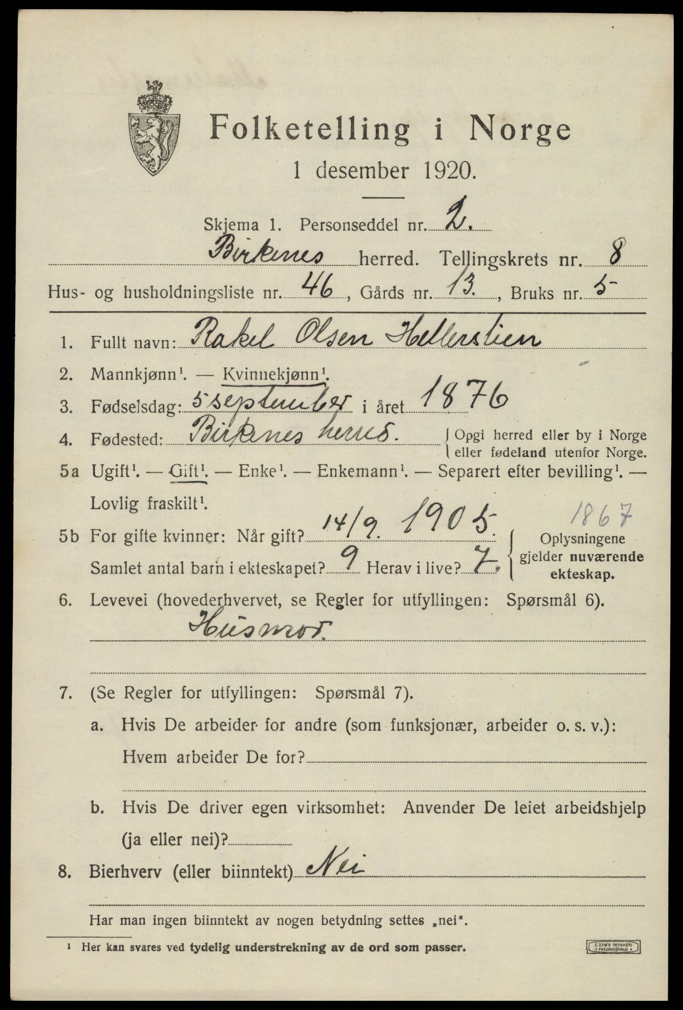 SAK, 1920 census for Birkenes, 1920, p. 4561