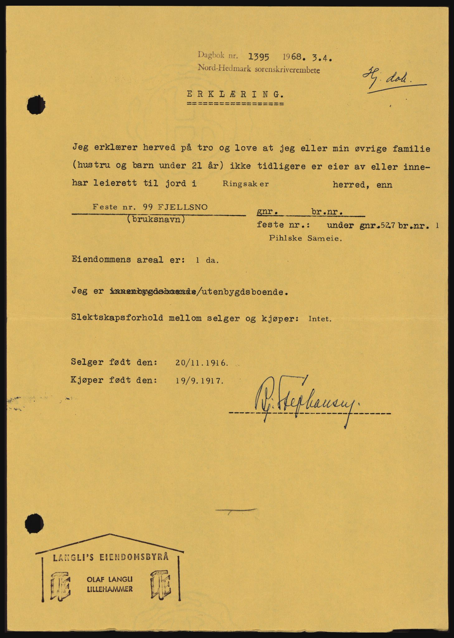 Nord-Hedmark sorenskriveri, SAH/TING-012/H/Hc/L0027: Mortgage book no. 27, 1967-1968, Diary no: : 1395/1968