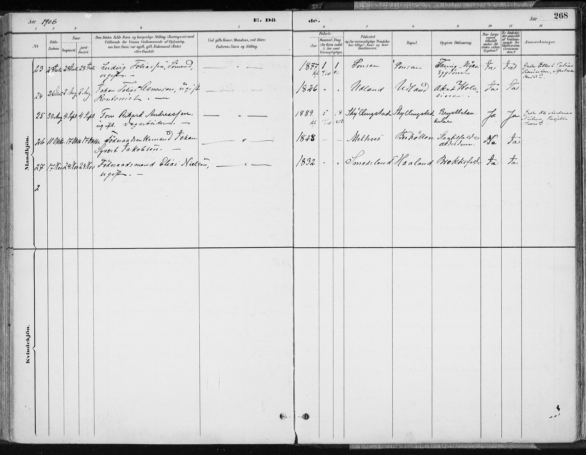 Sør-Audnedal sokneprestkontor, AV/SAK-1111-0039/F/Fa/Fab/L0010: Parish register (official) no. A 10, 1892-1913, p. 268