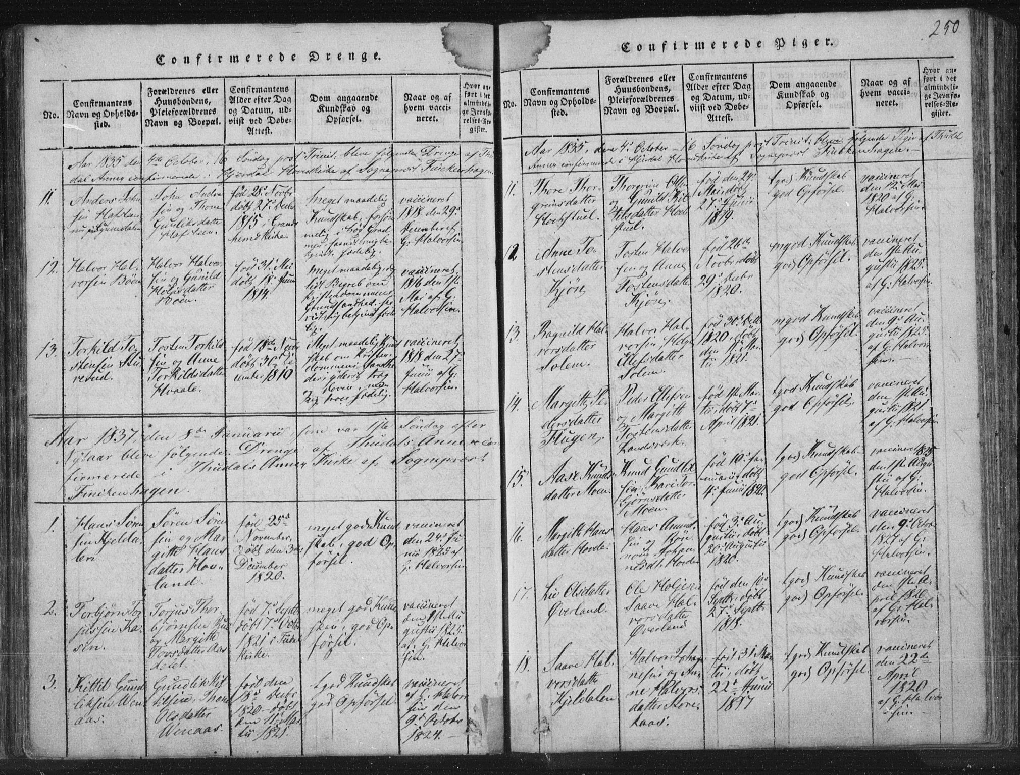 Hjartdal kirkebøker, SAKO/A-270/F/Fc/L0001: Parish register (official) no. III 1, 1815-1843, p. 250