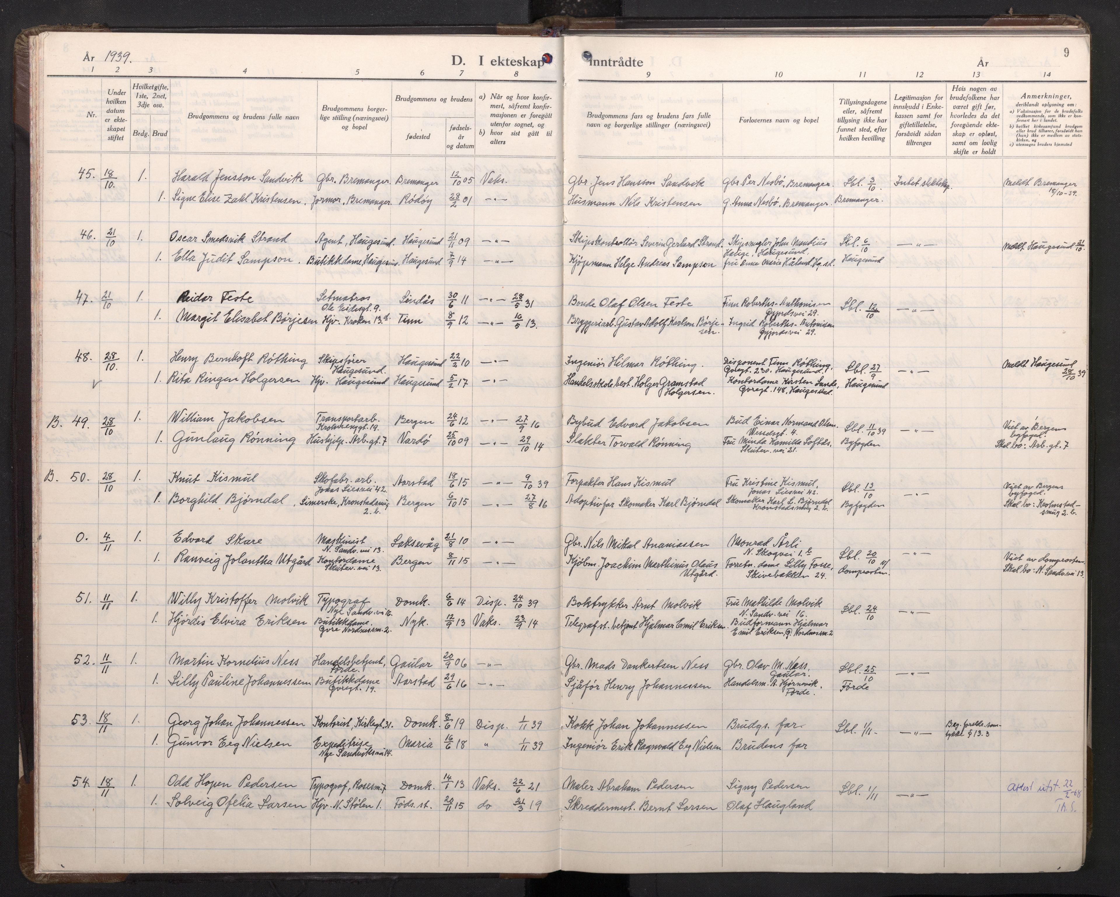 Mariakirken Sokneprestembete, AV/SAB-A-76901/H/Haa/L0019: Parish register (official) no. D 1, 1939-1963, p. 8b-9a