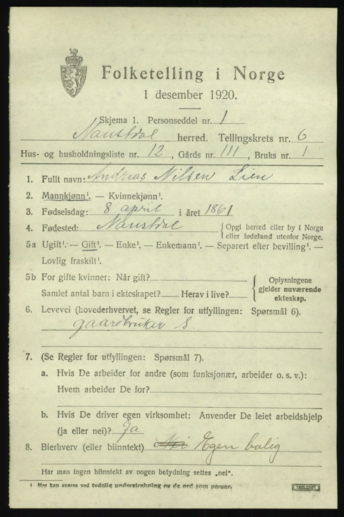 SAB, 1920 census for Naustdal, 1920, p. 3807