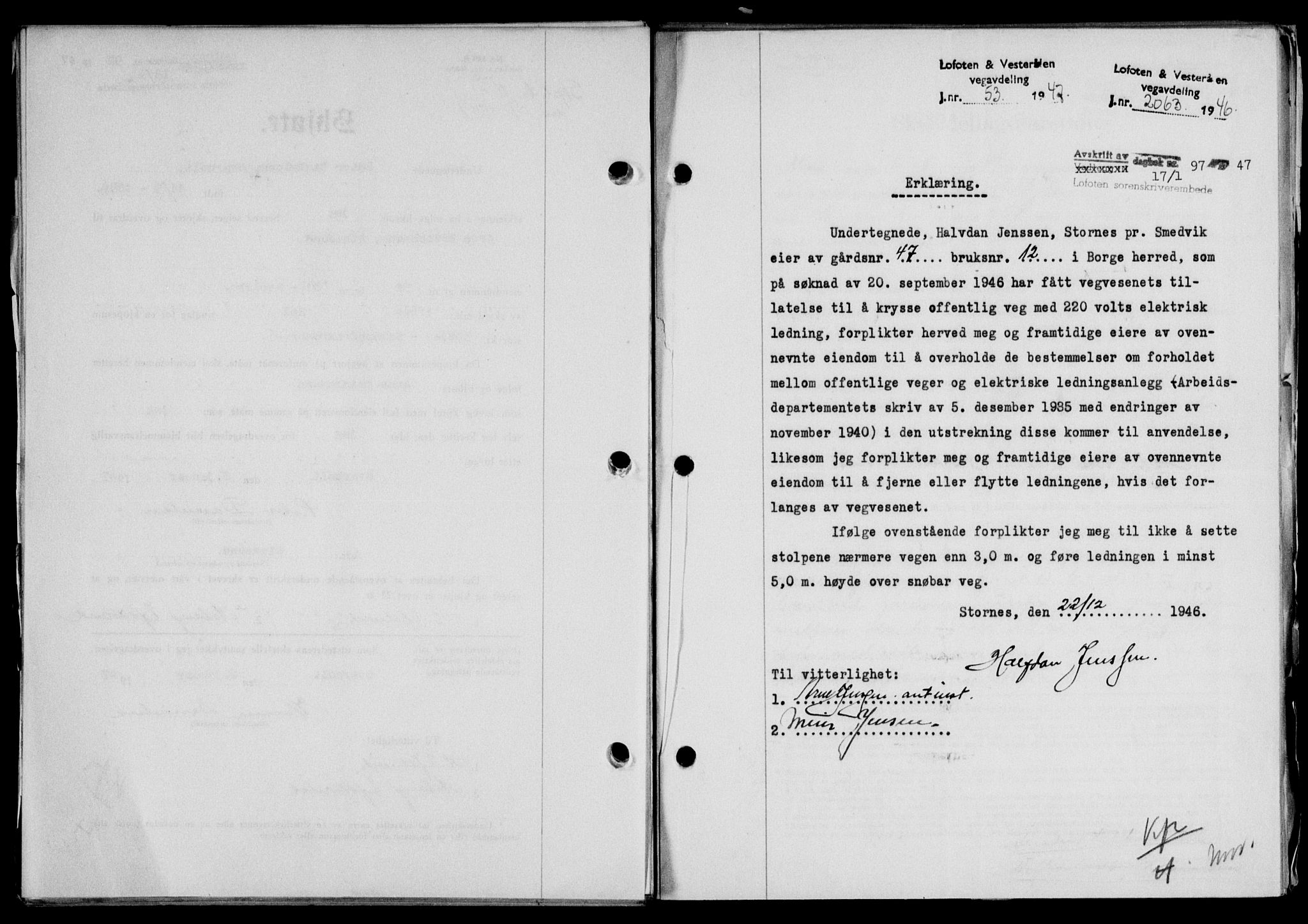 Lofoten sorenskriveri, SAT/A-0017/1/2/2C/L0015a: Mortgage book no. 15a, 1946-1947, Diary no: : 97/1947