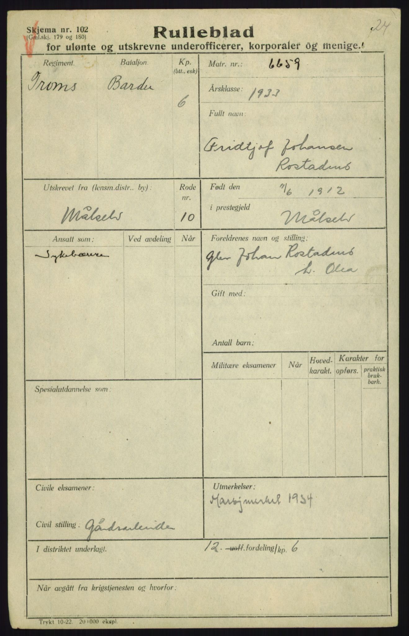 Forsvaret, Troms infanteriregiment nr. 16, AV/RA-RAFA-3146/P/Pa/L0017: Rulleblad for regimentets menige mannskaper, årsklasse 1933, 1933, p. 1107