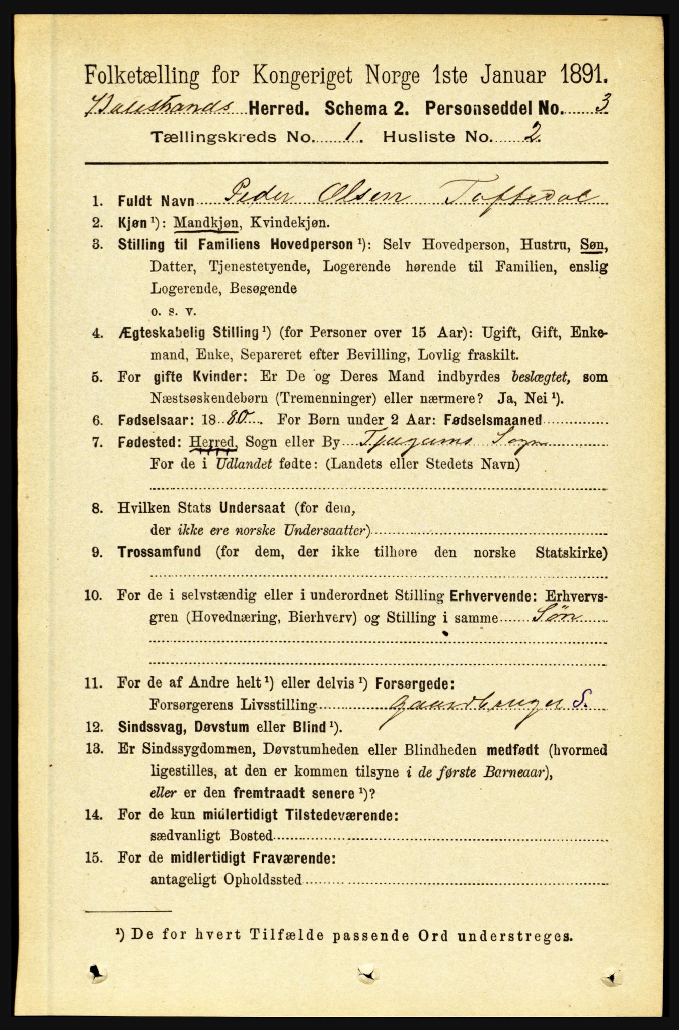 RA, 1891 census for 1418 Balestrand, 1891, p. 73