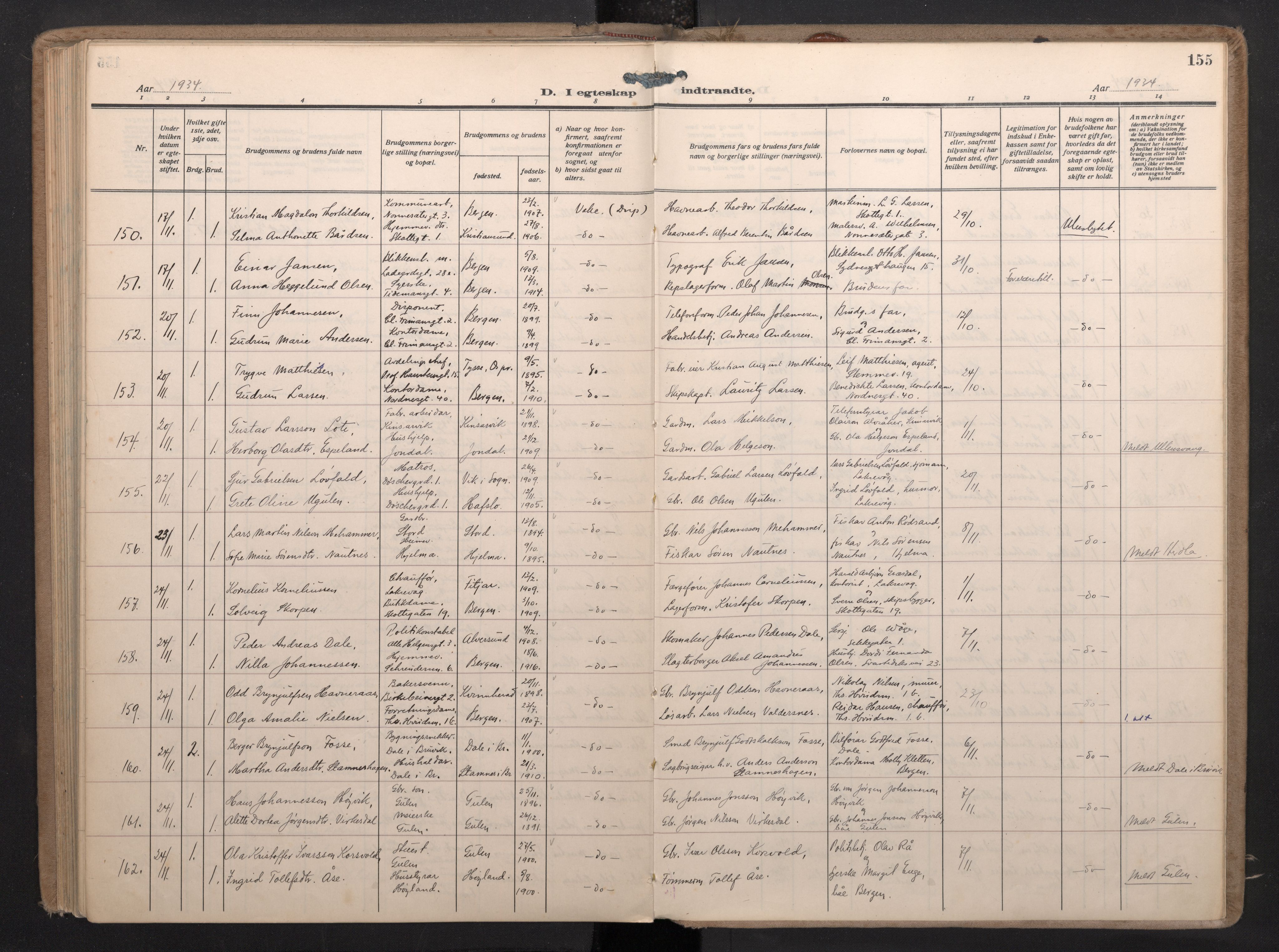 Nykirken Sokneprestembete, AV/SAB-A-77101/H/Haa/L0038: Parish register (official) no. D 8, 1926-1934, p. 154b-155a