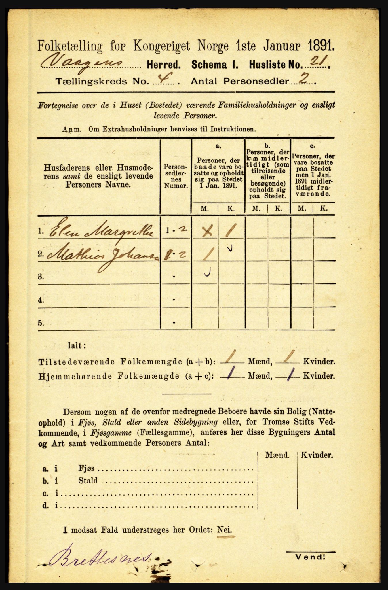 RA, 1891 census for 1865 Vågan, 1891, p. 901