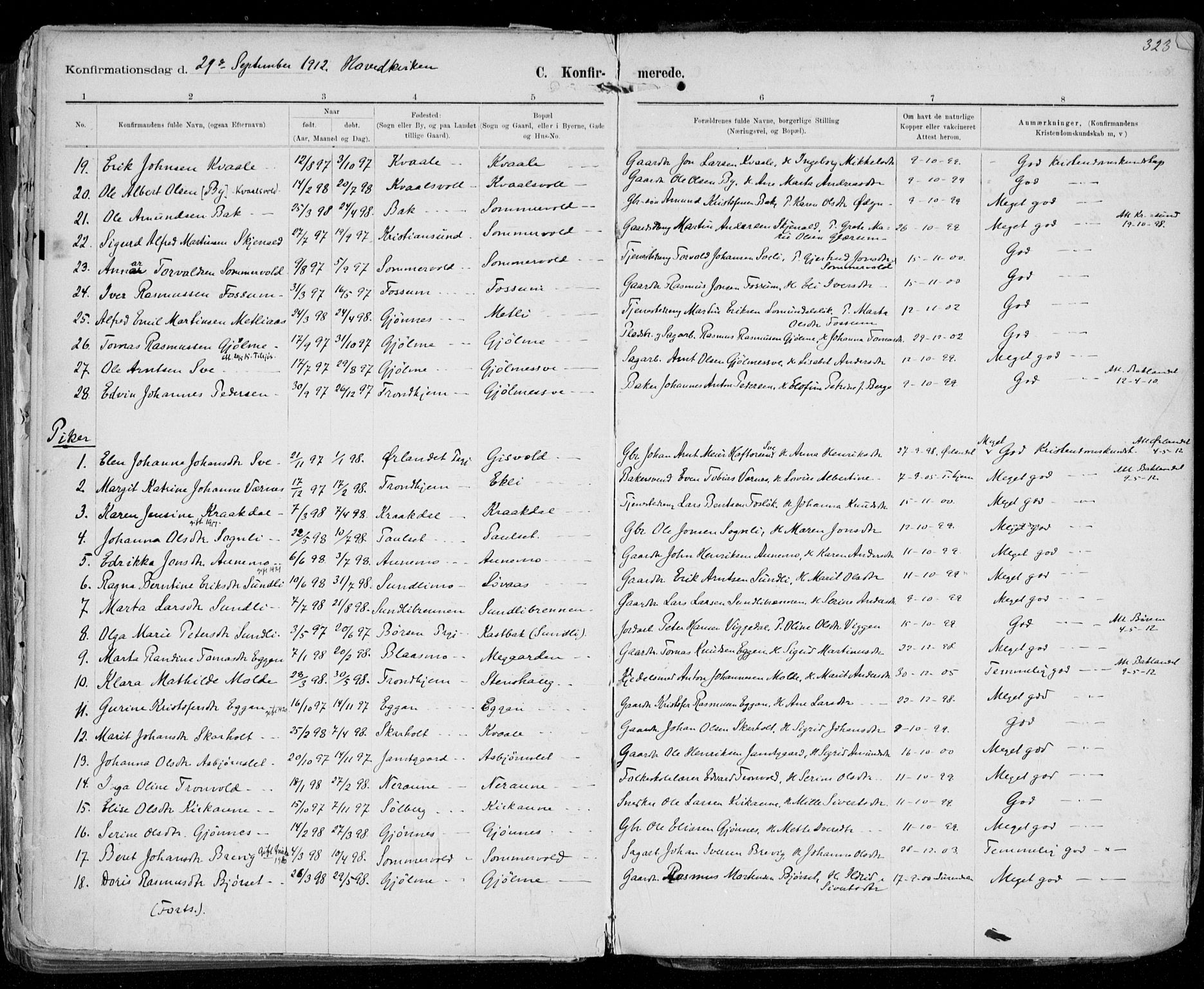 Ministerialprotokoller, klokkerbøker og fødselsregistre - Sør-Trøndelag, SAT/A-1456/668/L0811: Parish register (official) no. 668A11, 1894-1913, p. 323