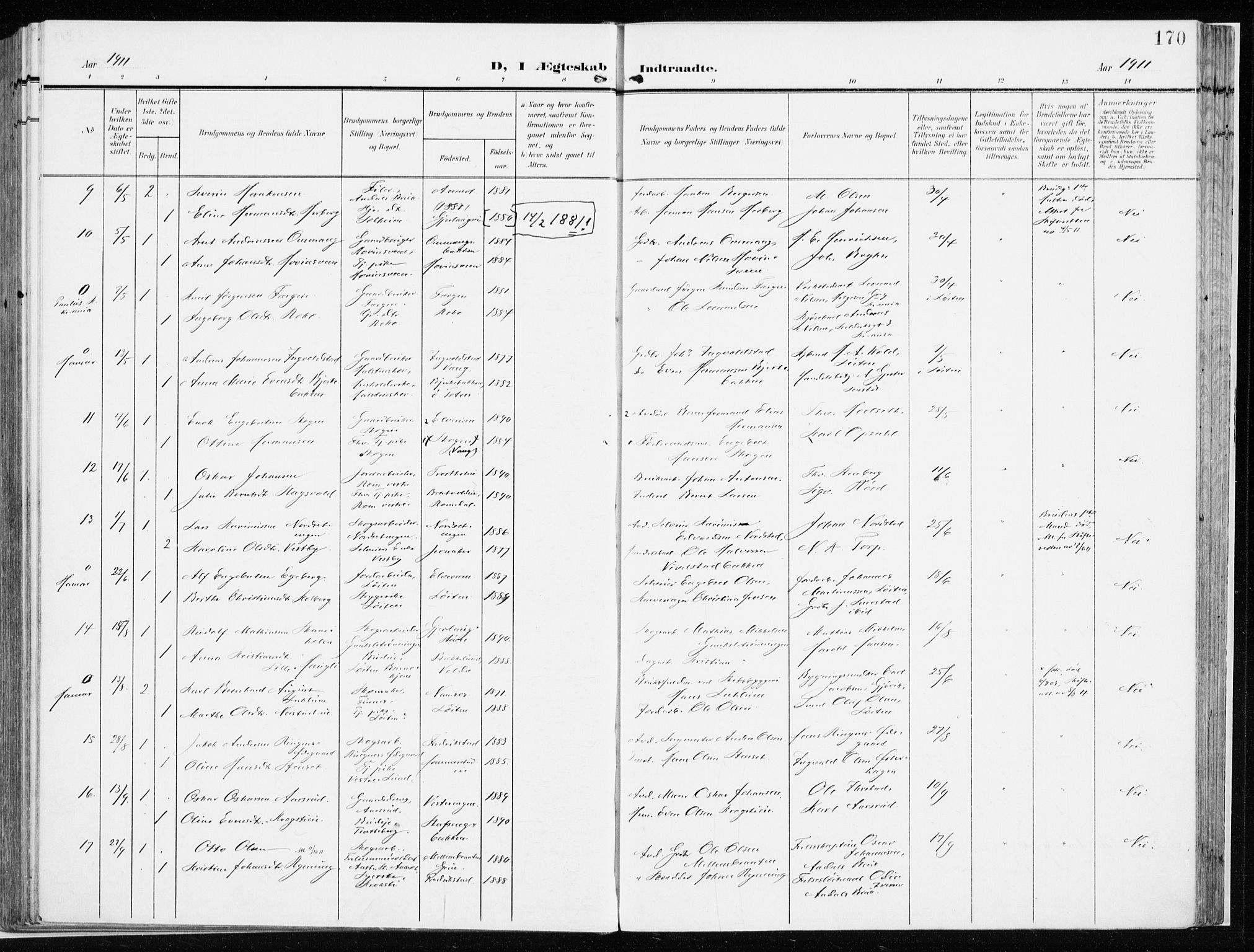 Løten prestekontor, AV/SAH-PREST-022/K/Ka/L0011: Parish register (official) no. 11, 1908-1917, p. 170