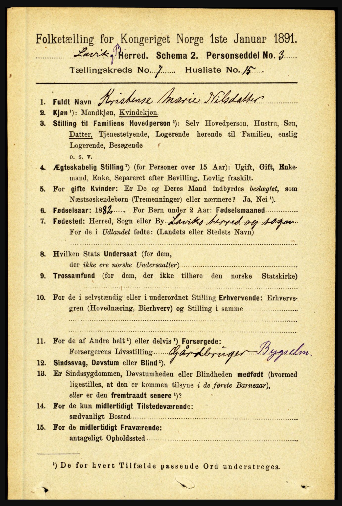 RA, 1891 census for 1415 Lavik og Brekke, 1891, p. 1456