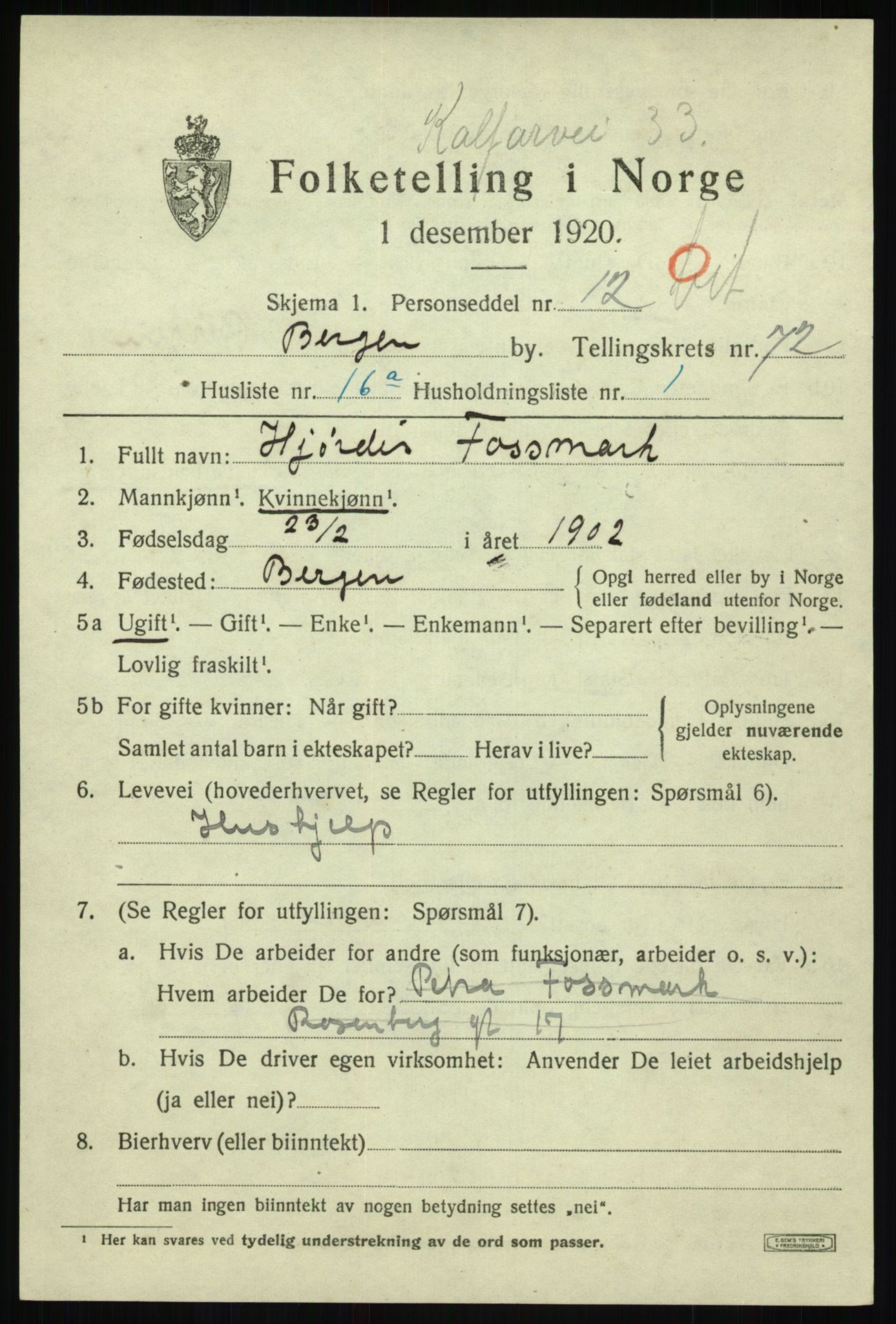 SAB, 1920 census for Bergen, 1920, p. 142358