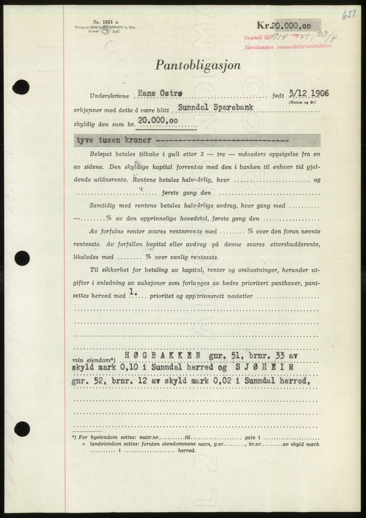 Nordmøre sorenskriveri, AV/SAT-A-4132/1/2/2Ca: Mortgage book no. B98, 1948-1948, Diary no: : 914/1948