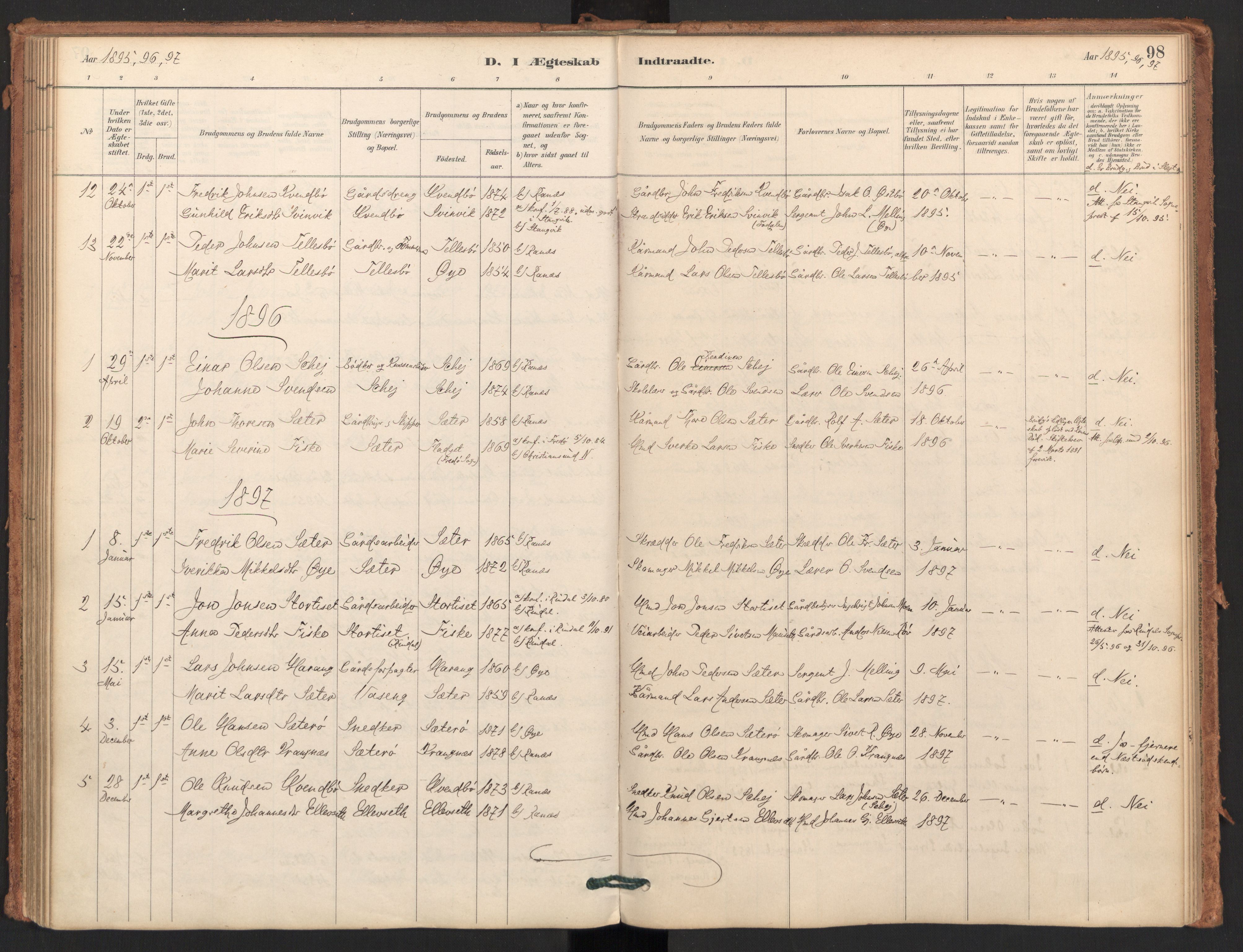 Ministerialprotokoller, klokkerbøker og fødselsregistre - Møre og Romsdal, AV/SAT-A-1454/596/L1056: Parish register (official) no. 596A01, 1885-1900, p. 98