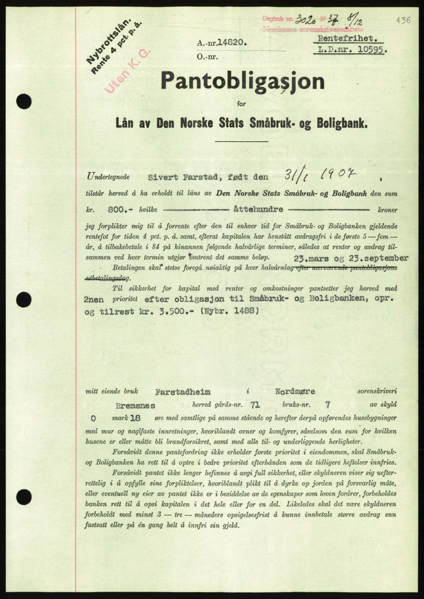 Nordmøre sorenskriveri, AV/SAT-A-4132/1/2/2Ca/L0092: Mortgage book no. B82, 1937-1938, Diary no: : 3020/1937