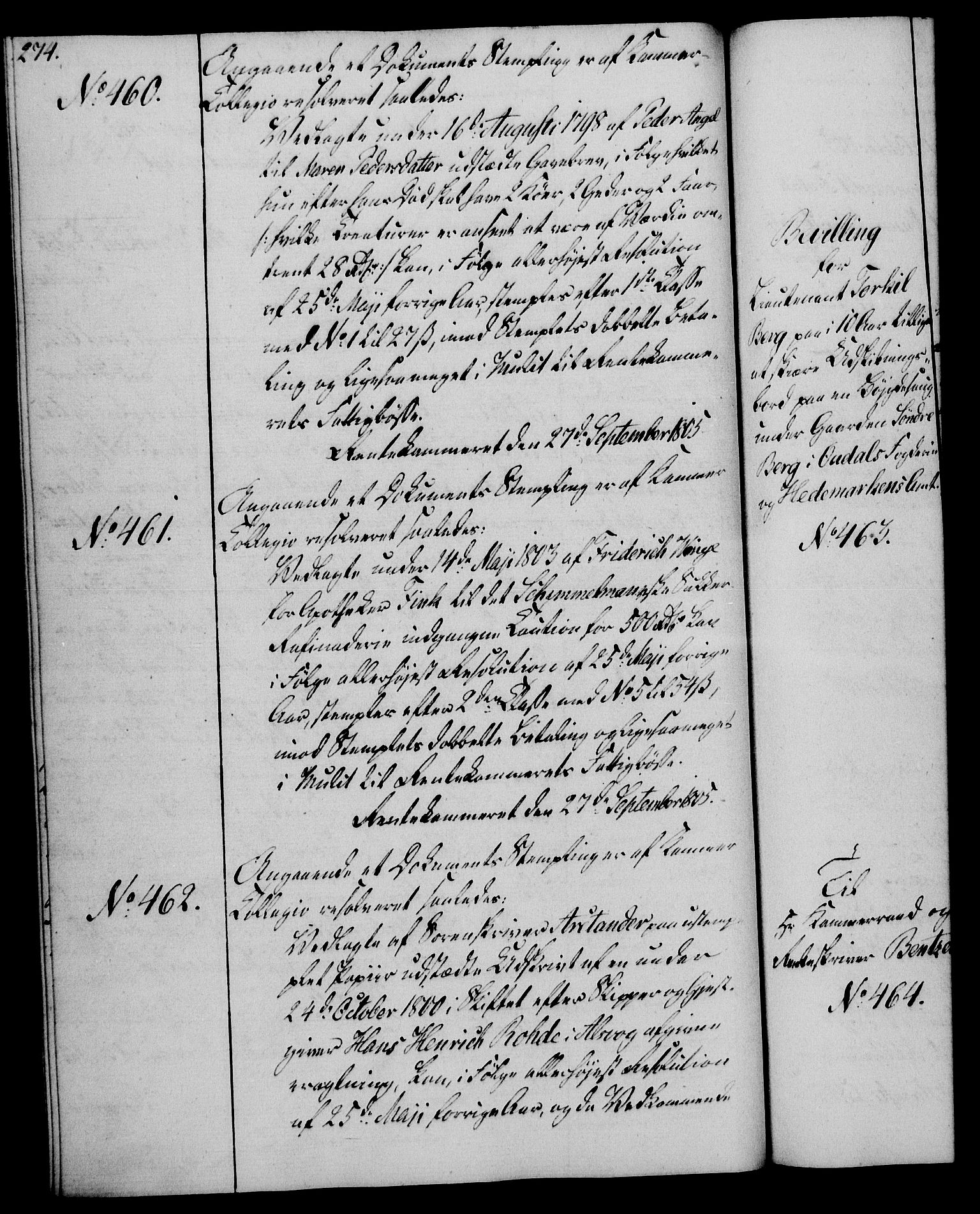 Rentekammeret, Kammerkanselliet, RA/EA-3111/G/Gg/Gga/L0018: Norsk ekspedisjonsprotokoll med register (merket RK 53.18), 1804-1806, p. 274
