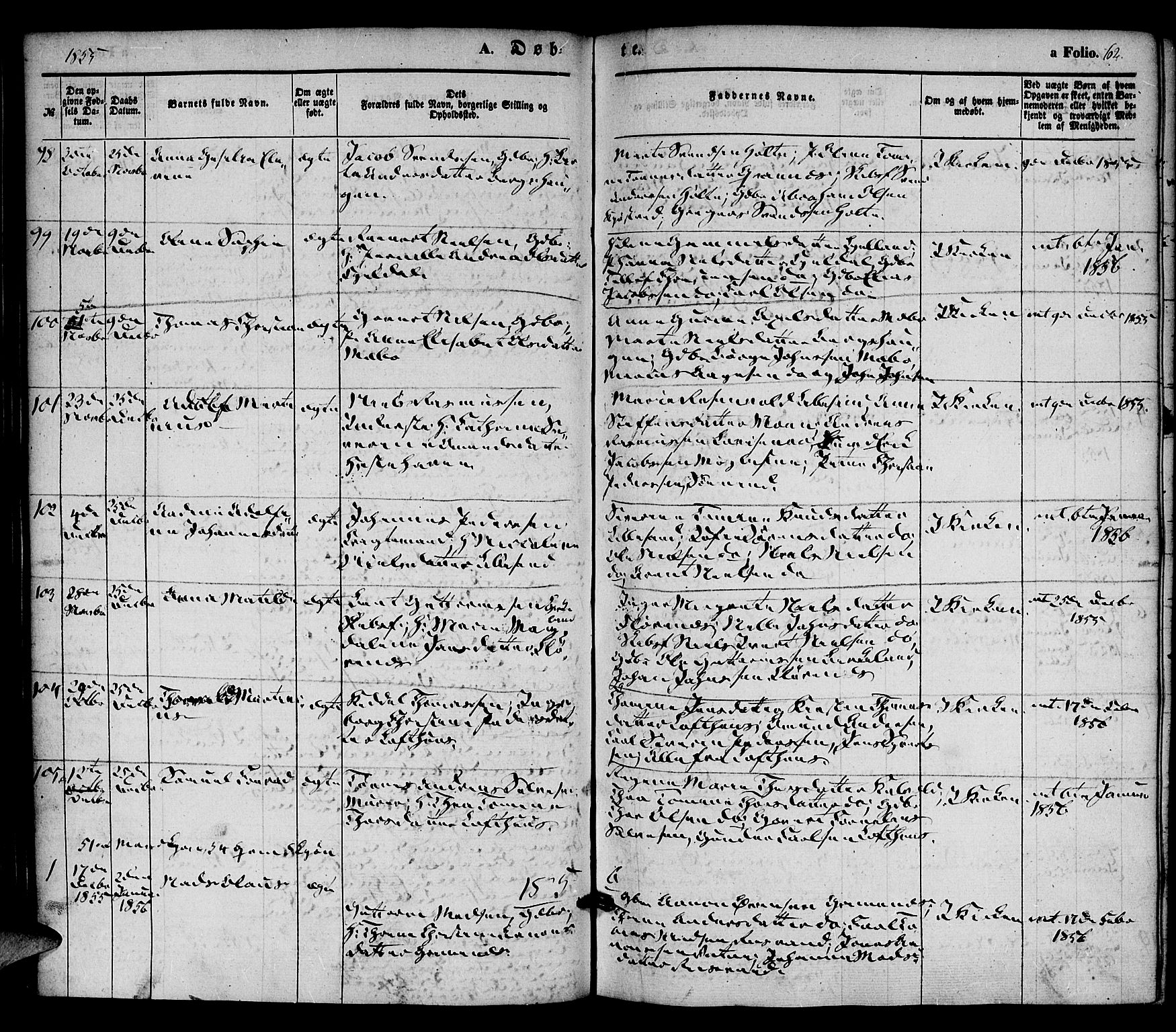 Vestre Moland sokneprestkontor, SAK/1111-0046/F/Fa/Fab/L0006: Parish register (official) no. A 6, 1850-1858, p. 62