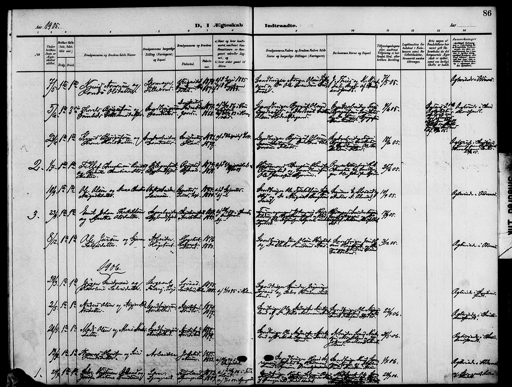 Evje sokneprestkontor, SAK/1111-0008/F/Fb/Fba/L0004: Parish register (copy) no. B 4, 1899-1914, p. 86