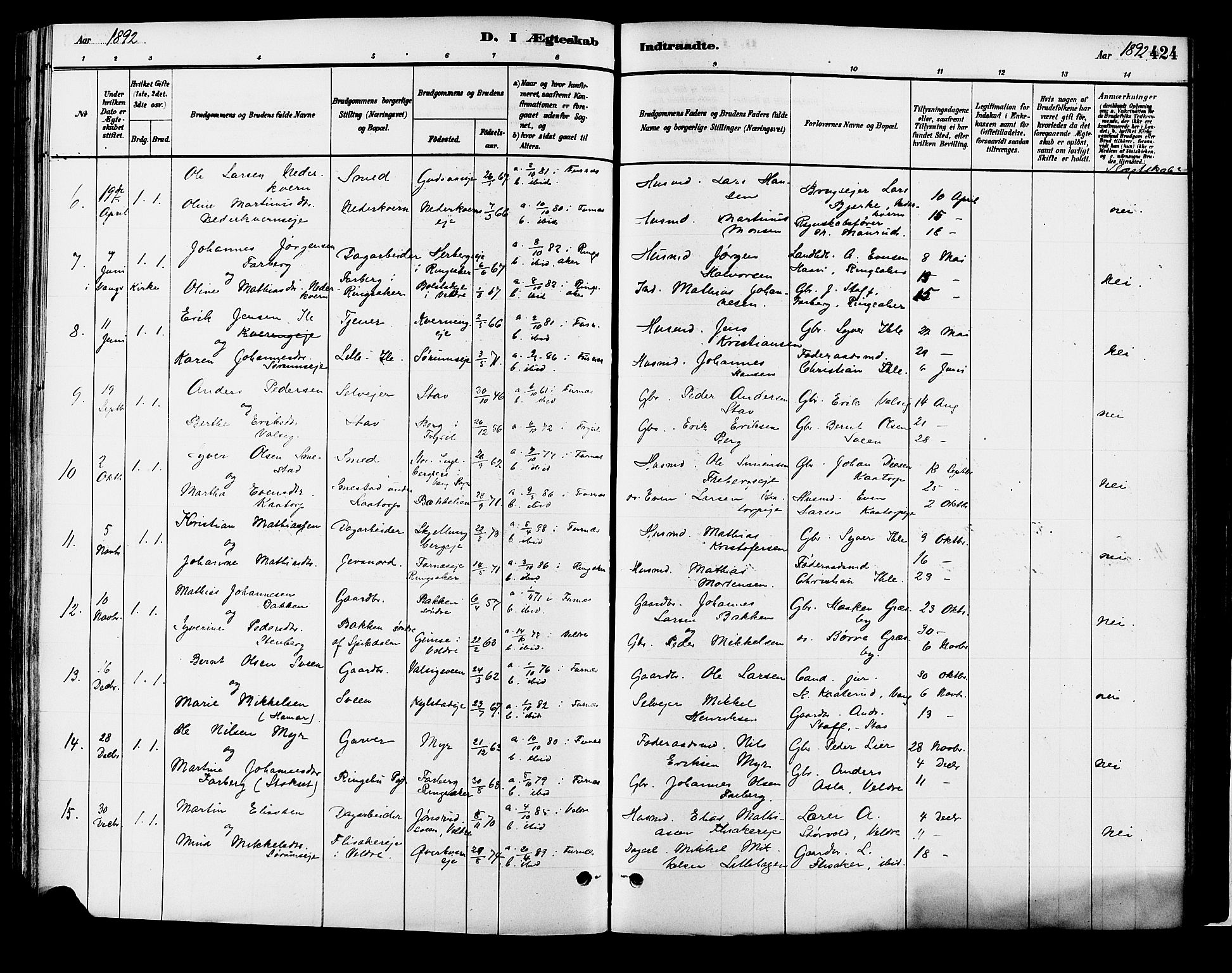 Vang prestekontor, Hedmark, SAH/PREST-008/H/Ha/Haa/L0018B: Parish register (official) no. 18B, 1880-1906, p. 424