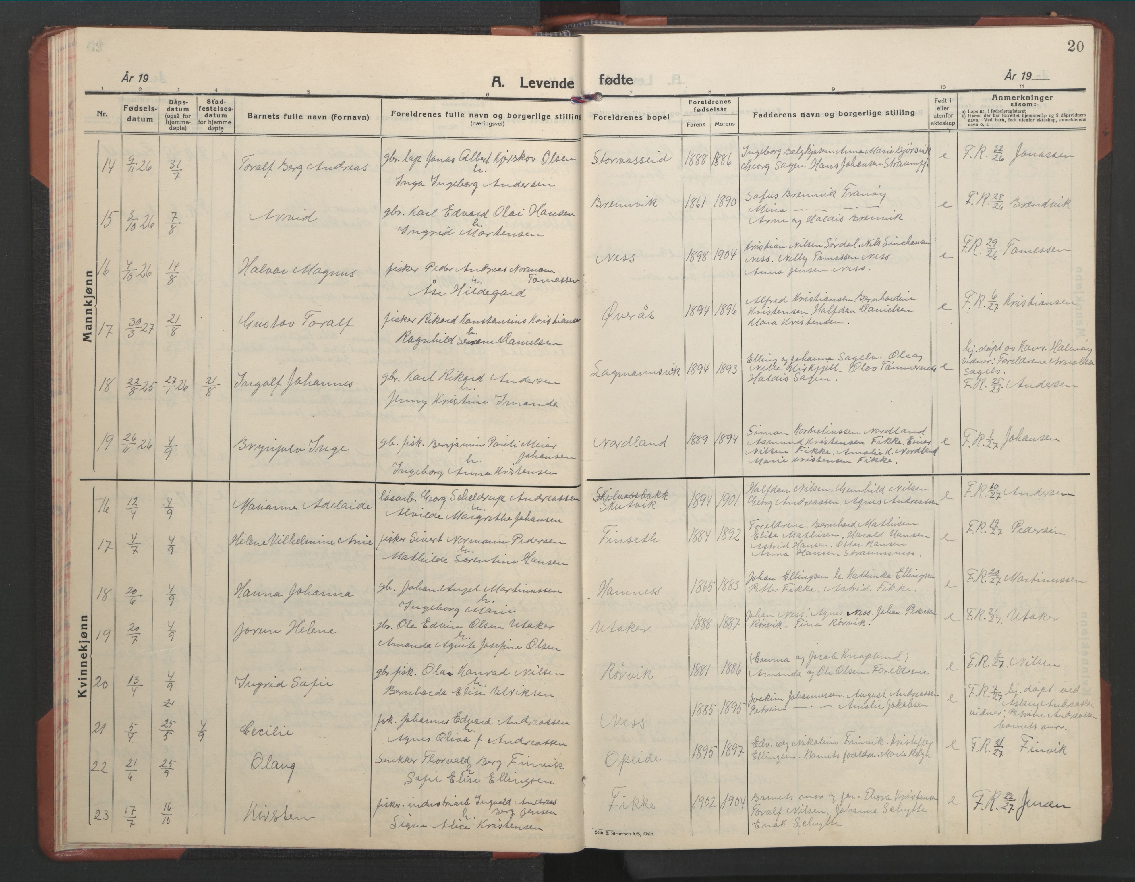 Ministerialprotokoller, klokkerbøker og fødselsregistre - Nordland, AV/SAT-A-1459/859/L0862: Parish register (copy) no. 859C08, 1925-1936, p. 20