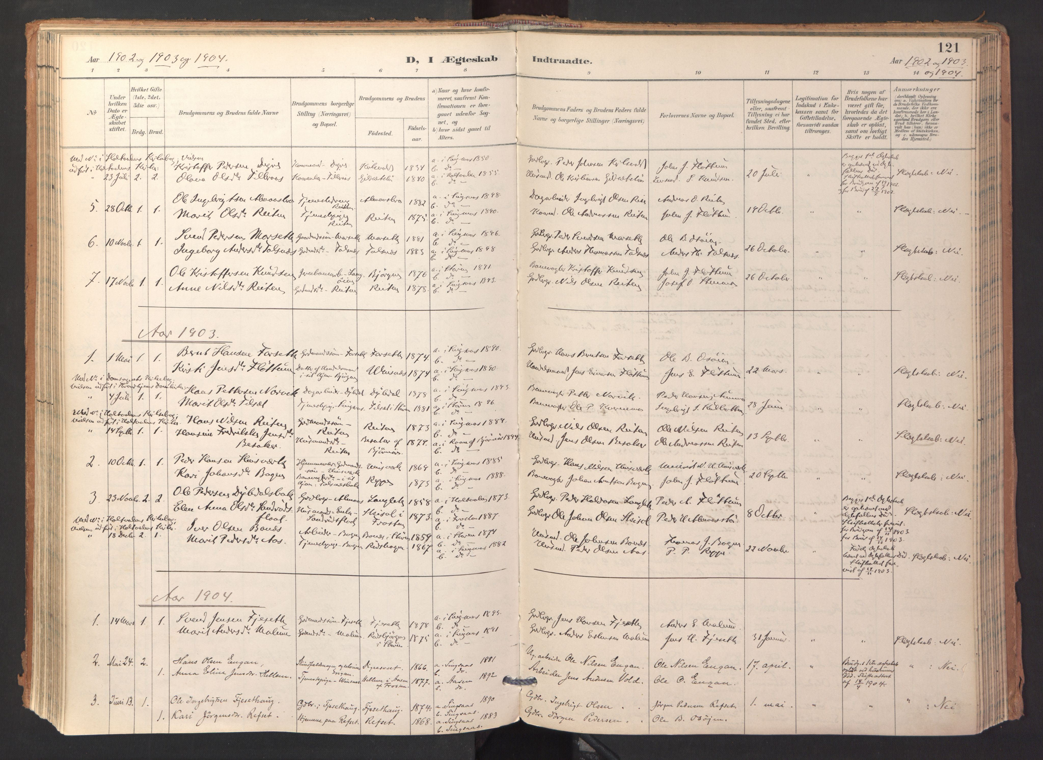 Ministerialprotokoller, klokkerbøker og fødselsregistre - Sør-Trøndelag, SAT/A-1456/688/L1025: Parish register (official) no. 688A02, 1891-1909, p. 121
