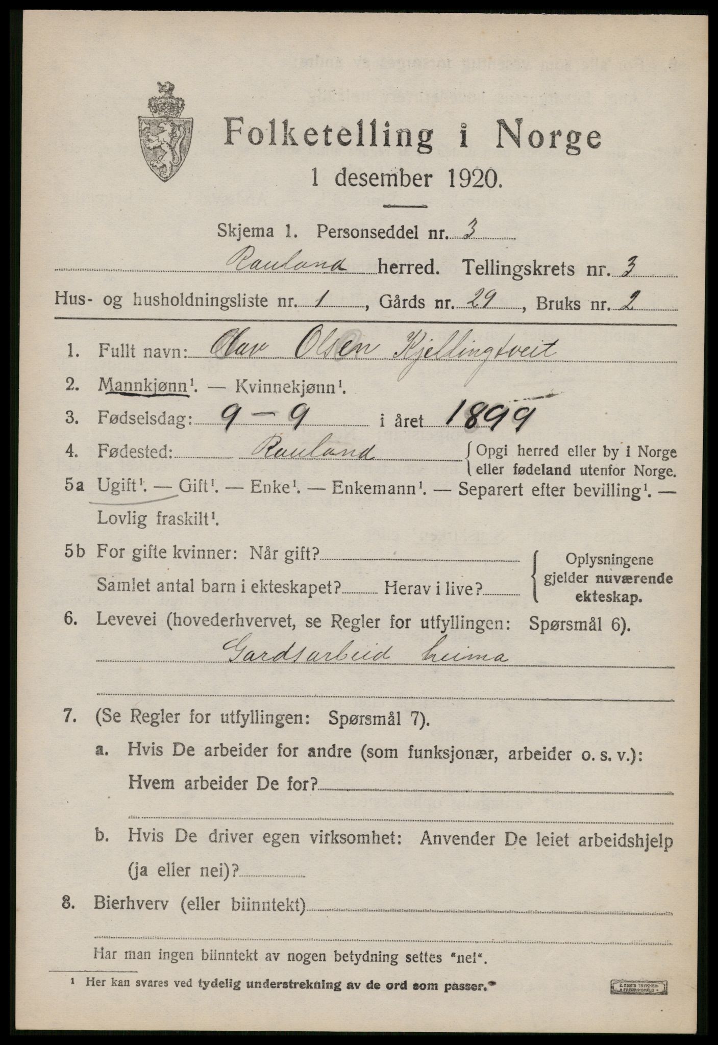 SAKO, 1920 census for Rauland, 1920, p. 710