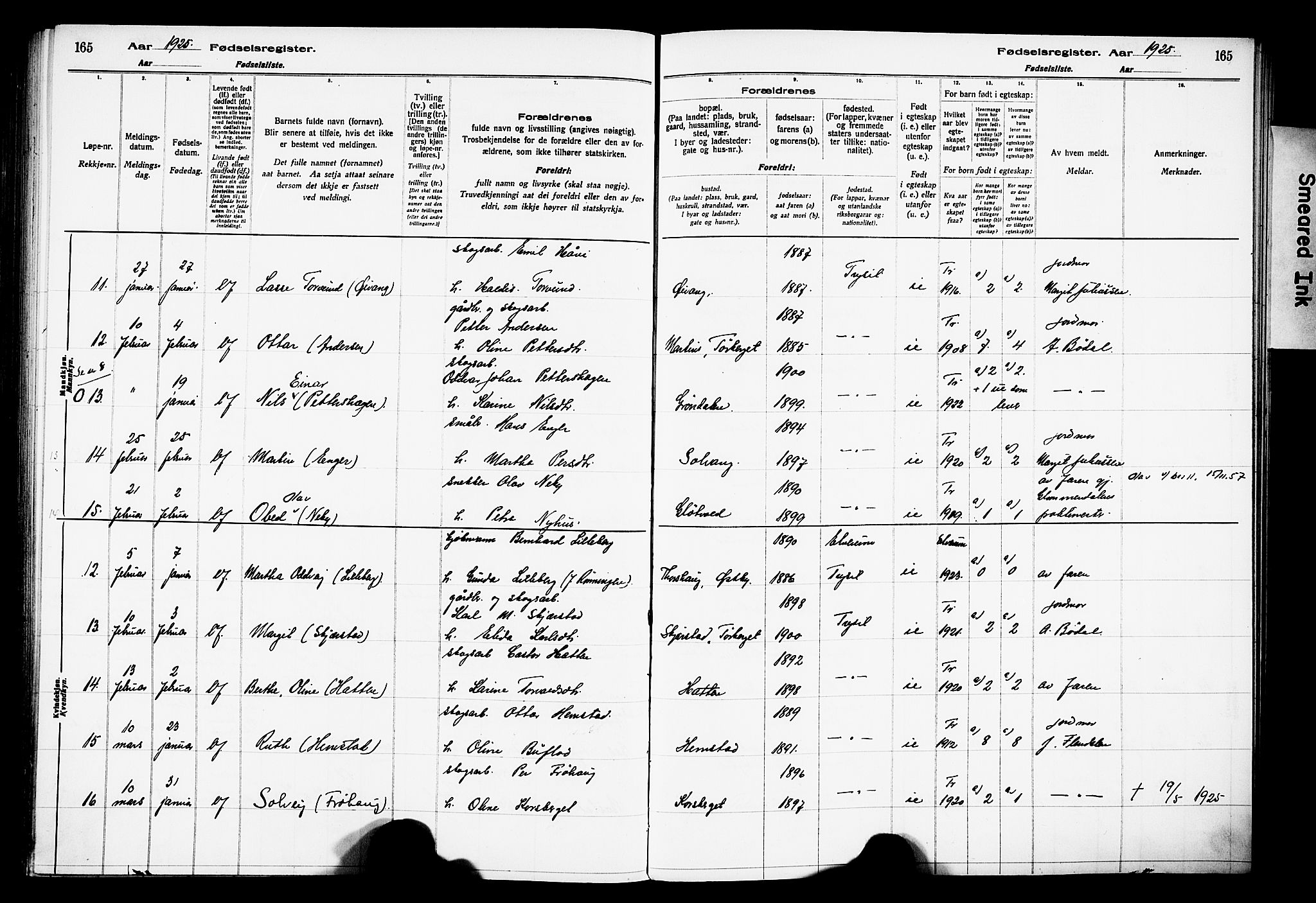 Trysil prestekontor, AV/SAH-PREST-046/I/Id/Ida/L0001: Birth register no. I 1, 1916-1927, p. 165