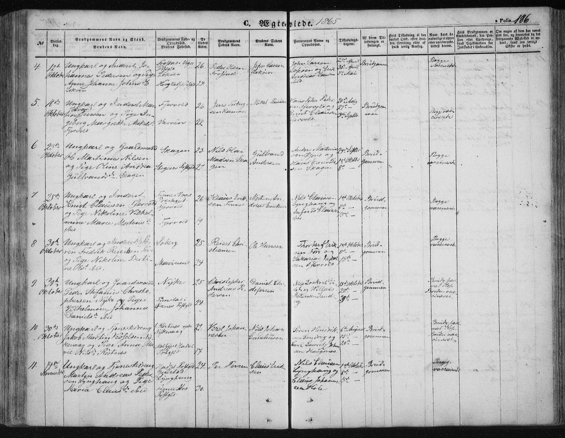 Ministerialprotokoller, klokkerbøker og fødselsregistre - Nordland, AV/SAT-A-1459/891/L1300: Parish register (official) no. 891A05, 1856-1870, p. 186