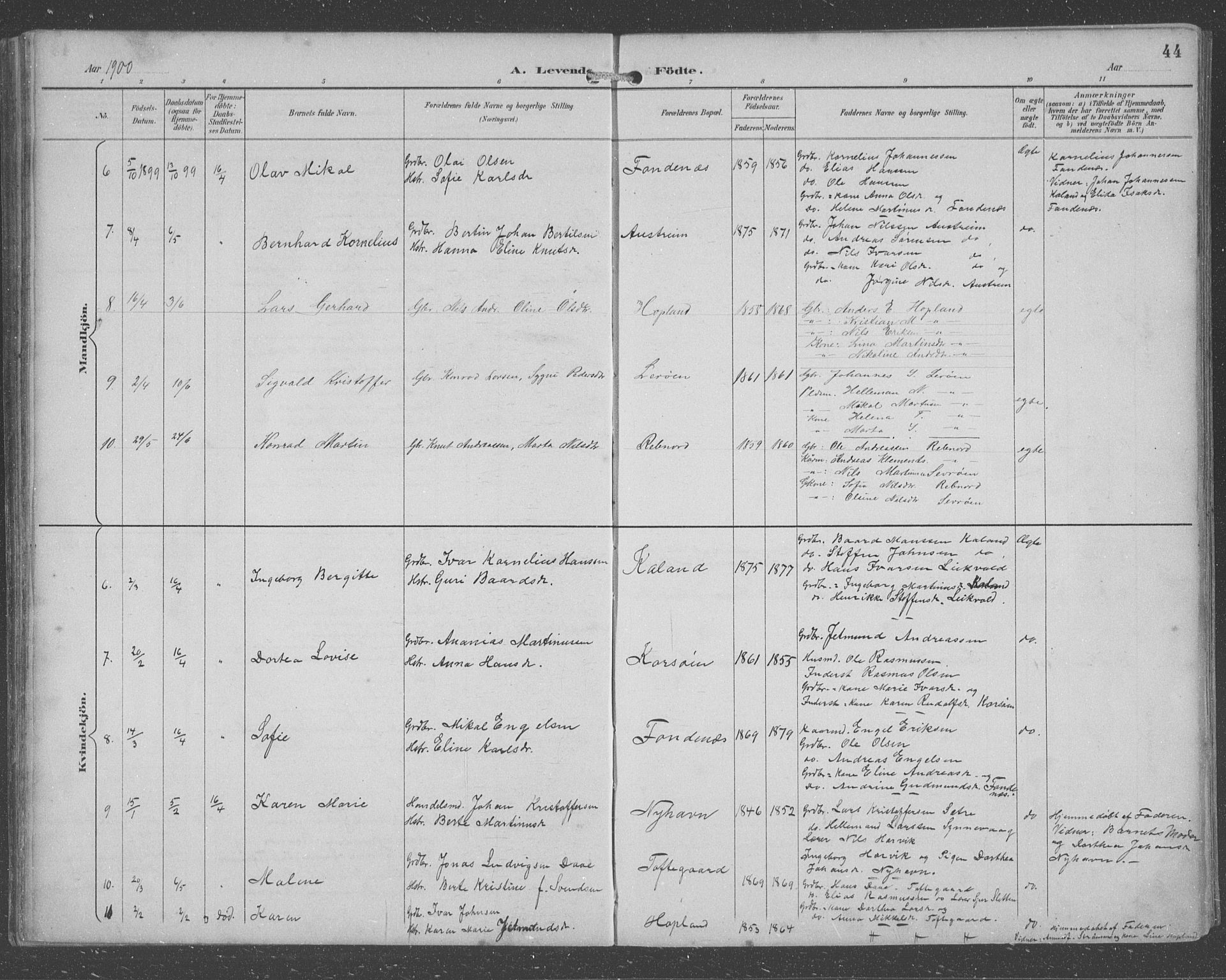 Lindås Sokneprestembete, SAB/A-76701/H/Hab: Parish register (copy) no. C 4, 1894-1910, p. 44