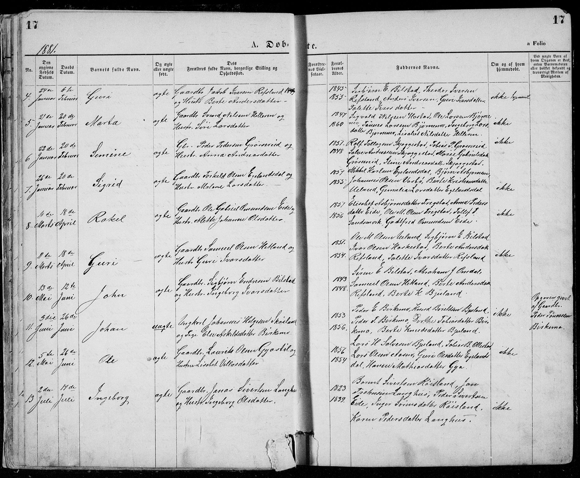 Lund sokneprestkontor, AV/SAST-A-101809/S07/L0005: Parish register (copy) no. B 5, 1875-1889, p. 17