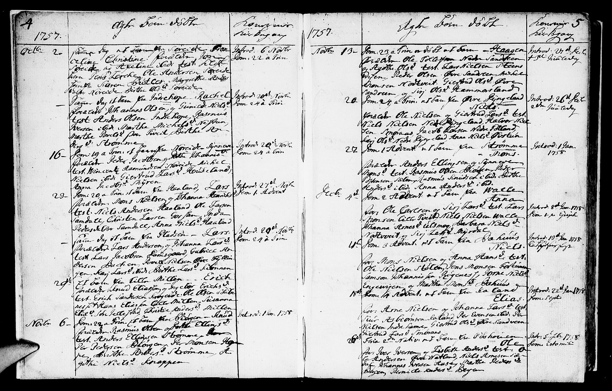 Fana Sokneprestembete, SAB/A-75101/H/Haa/Haaa/L0004: Parish register (official) no. A 4, 1757-1774, p. 4-5