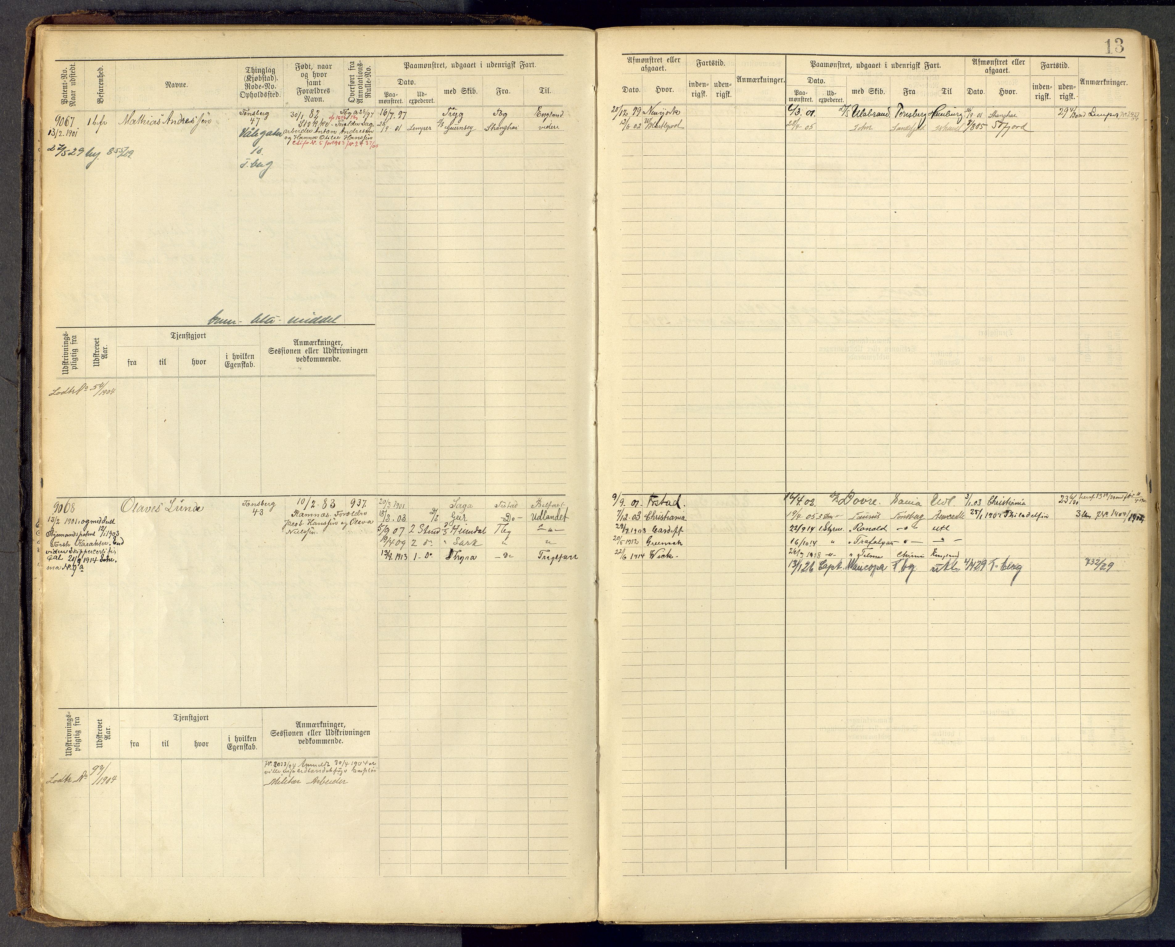 Tønsberg innrulleringskontor, AV/SAKO-A-786/F/Fc/Fcb/L0009: Hovedrulle Patent nr. 9043-9992, 1900-1921, p. 13