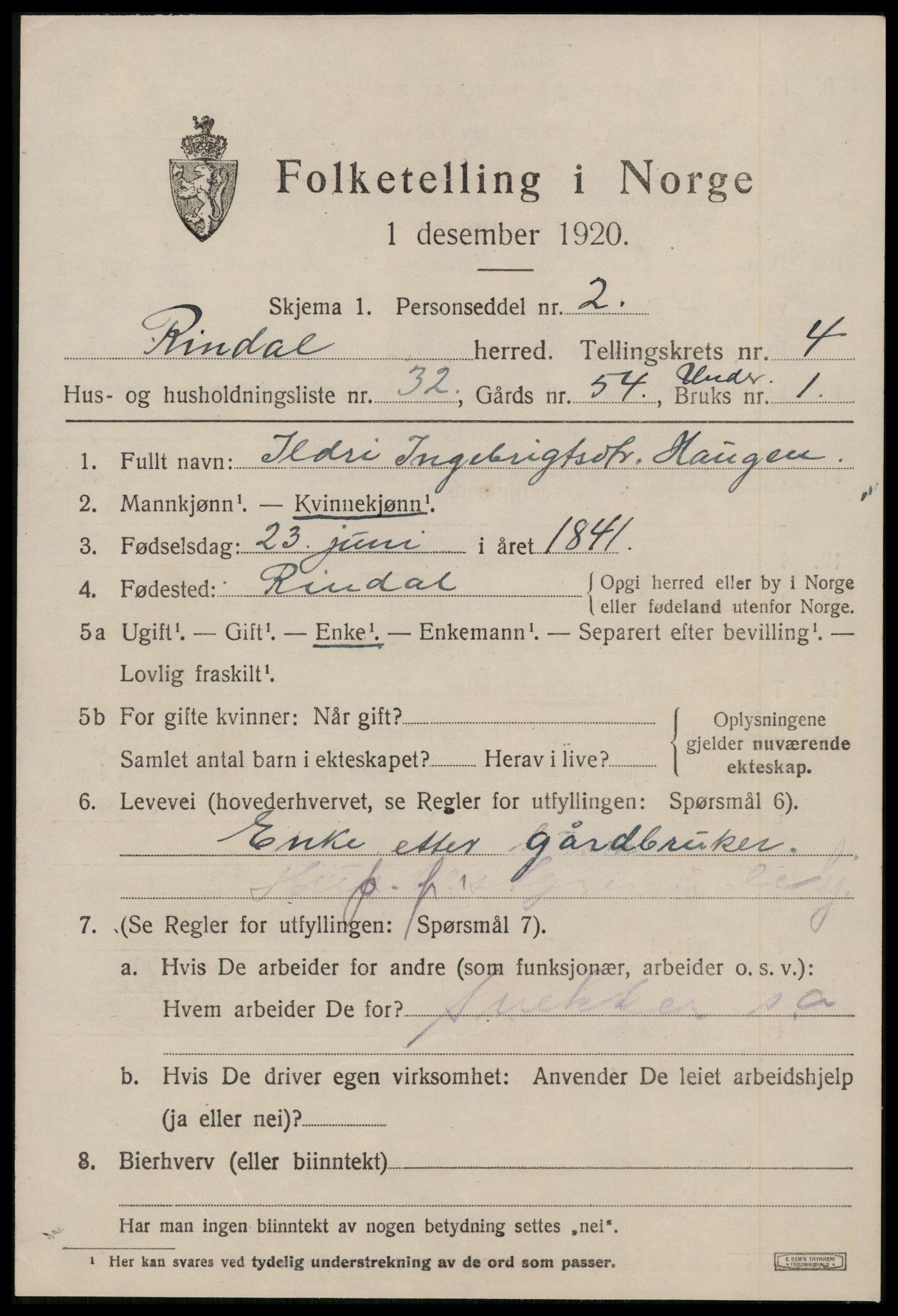 SAT, 1920 census for Rindal, 1920, p. 3942