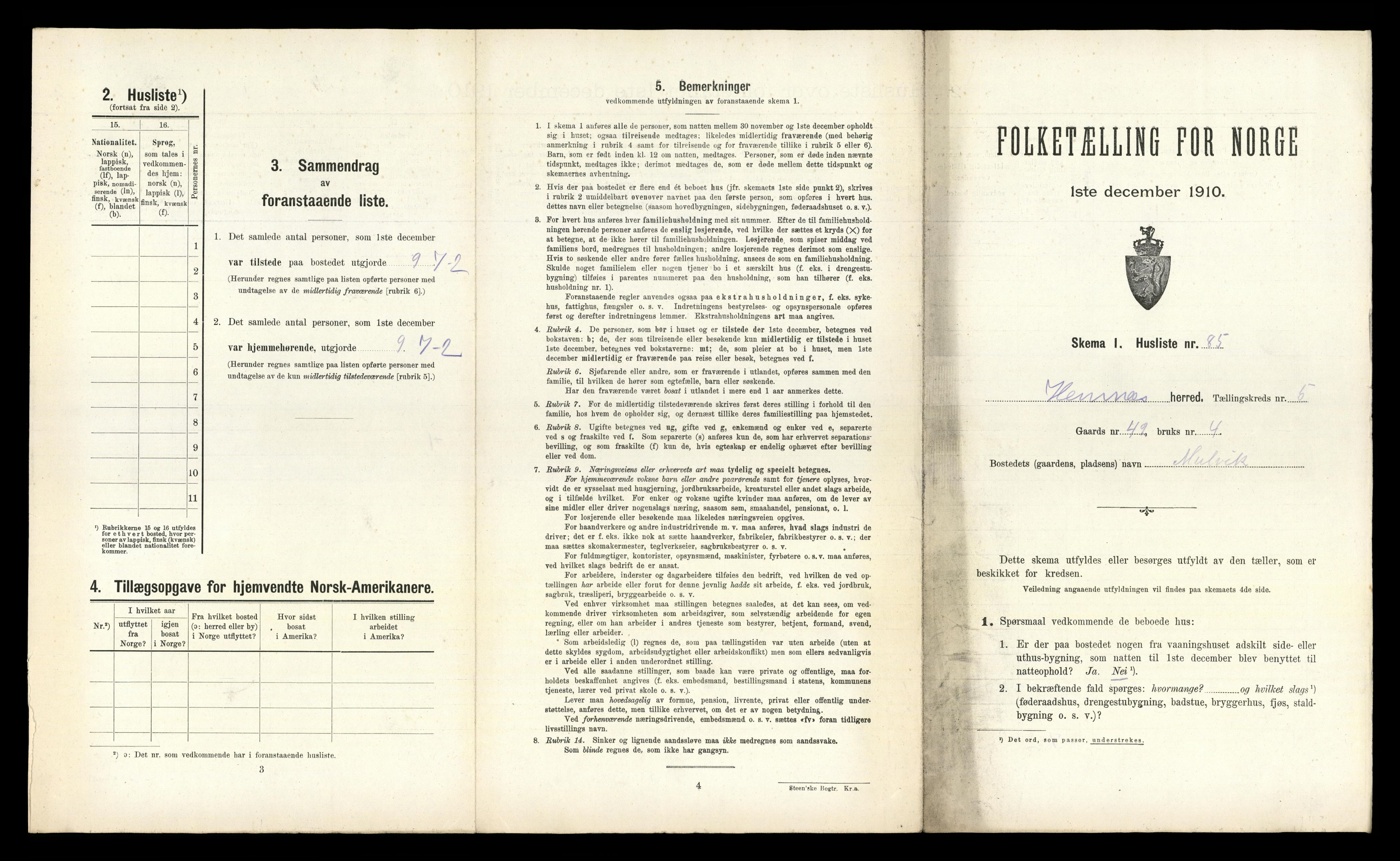 RA, 1910 census for Hemnes, 1910, p. 1254